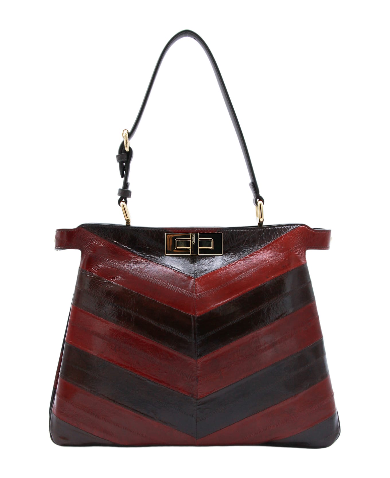 Fendi Brown And Red Leather Pekaboo Top Handle Bag - BROWN/WINE