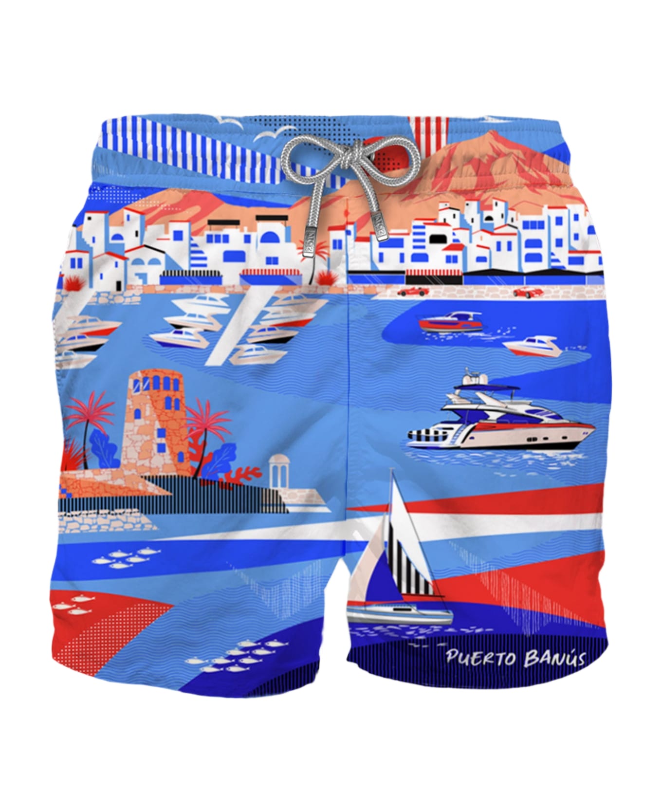 MC2 Saint Barth Man Swim Shorts With Puerto Banus Print - SKY スイムトランクス