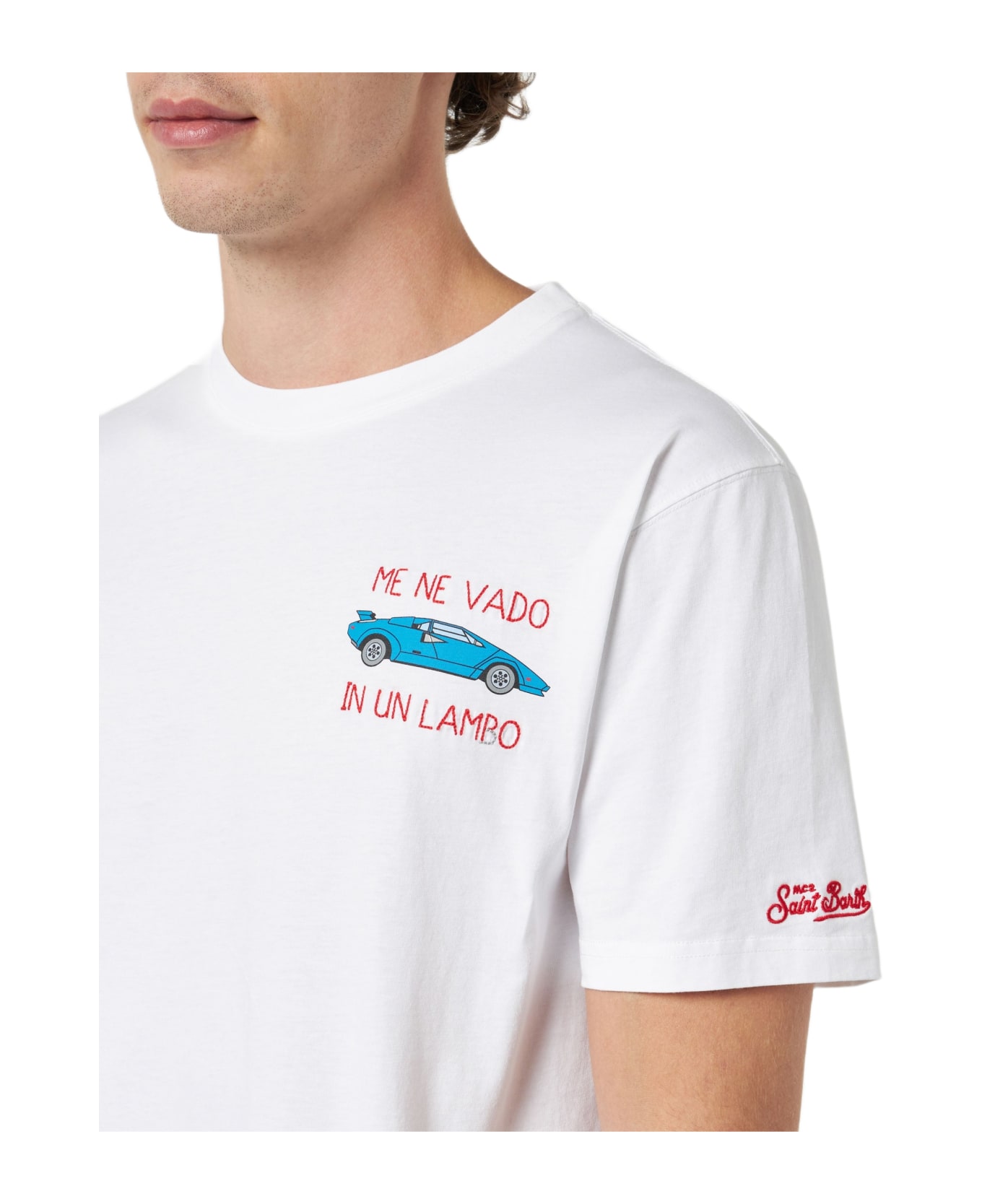 MC2 Saint Barth Man Cotton T-shirt With Me Ne Vado In Un Lambo Embroidery And Car Placed Print - WHITE