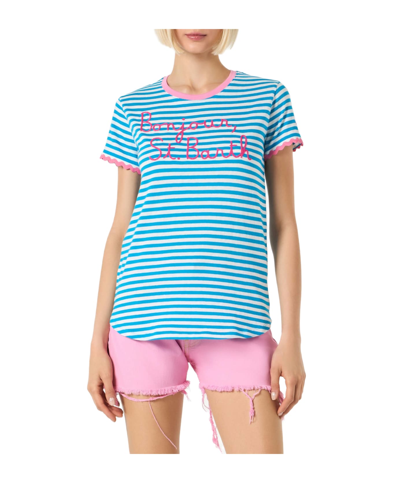 MC2 Saint Barth Woman Cotton T-shirt With Bonjour St. Barth Embroidery - BLUE