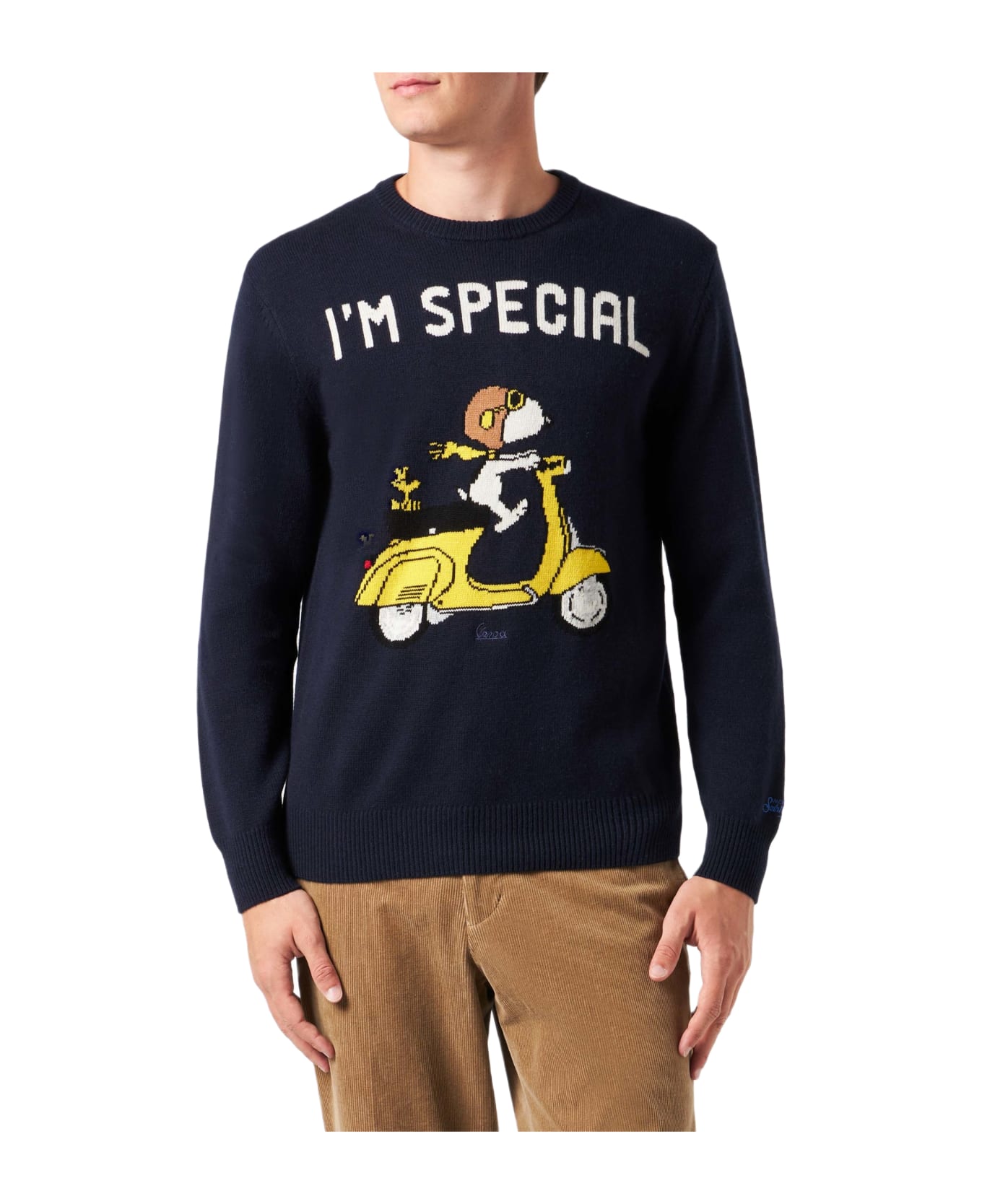 MC2 Saint Barth Man Crewneck Sweater With Snoopy Scooter Jacquard | Snoopy - ©peanuts Special Edition - BLUE