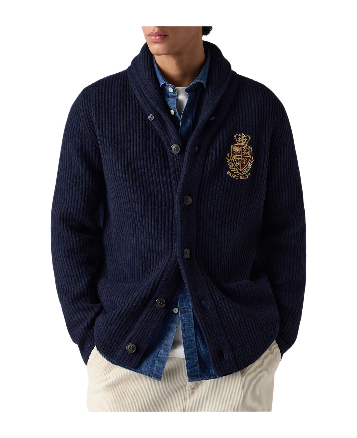MC2 Saint Barth Man Shawl Collar Blue Ribbed Cardigan With Pockets And Patch - BLUE