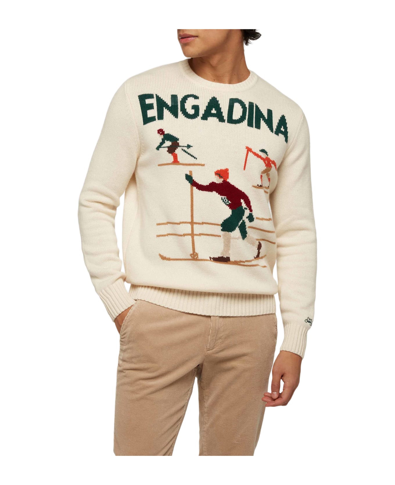 MC2 Saint Barth White Sweater Bombardino Light With Engadina Skiers Jacquard - WHITE