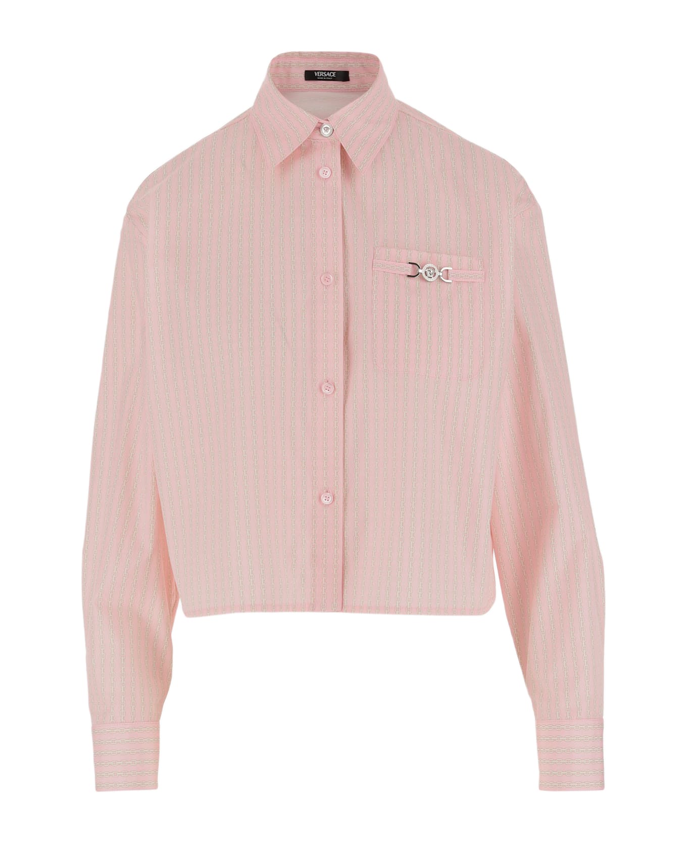 Versace Cotton Crop Shirt With Pinstripe Chain Pattern - 95Pastel Pink+Milk