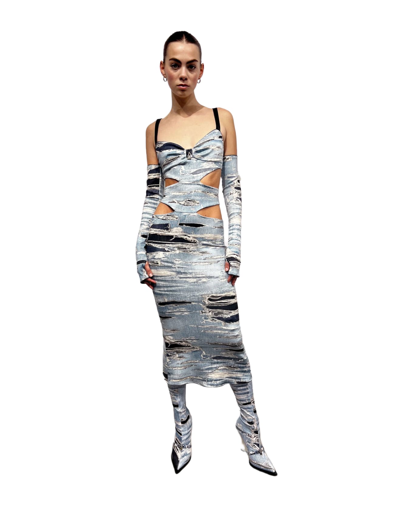 John Richmond Long Dress With Decorative Splits And Thin Straps. Iconic Runway Denim-effect Pattern. - Denim