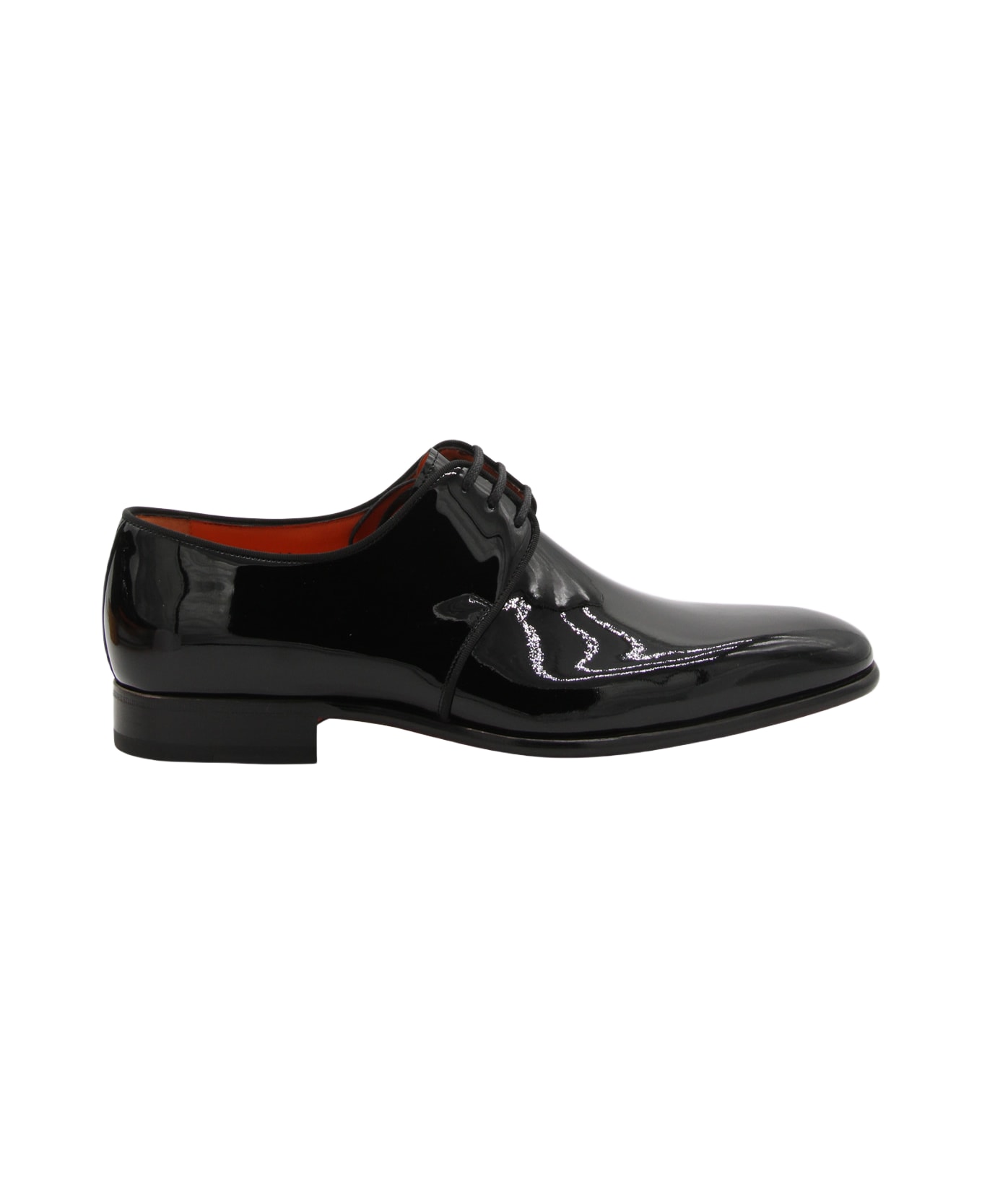 Santoni Black Leather Vynil Lace Up Shoes - Black ローファー＆デッキシューズ