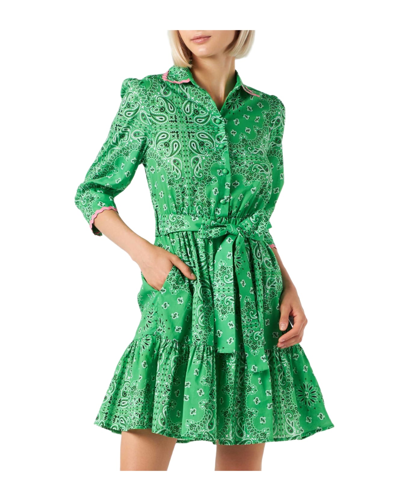 MC2 Saint Barth Bandanna Print Cotton Short Dress Daisy With Embroideries - GREEN