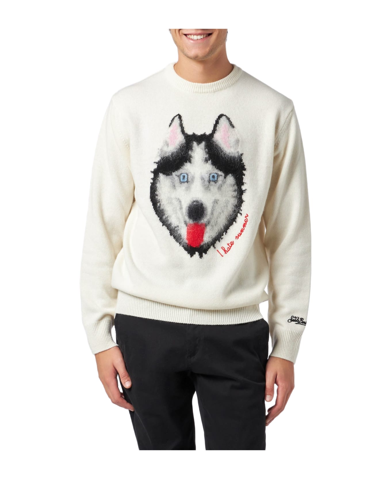 MC2 Saint Barth Man Sweater With Wolf Print And I Hate Summer Embroidery - WHITE