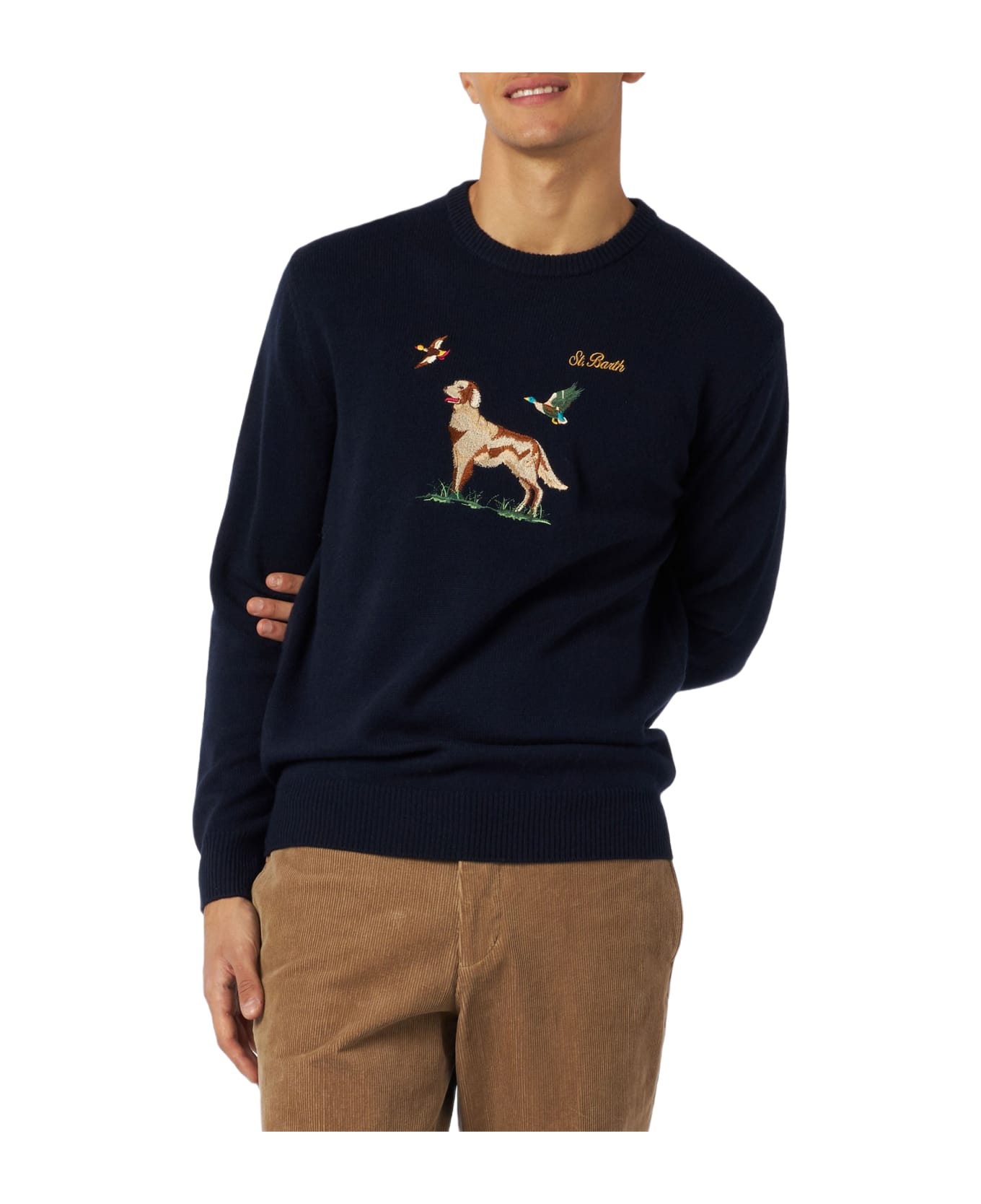 MC2 Saint Barth Man Crewneck Donegal Sweater With English Pointer Jacquard - BLUE