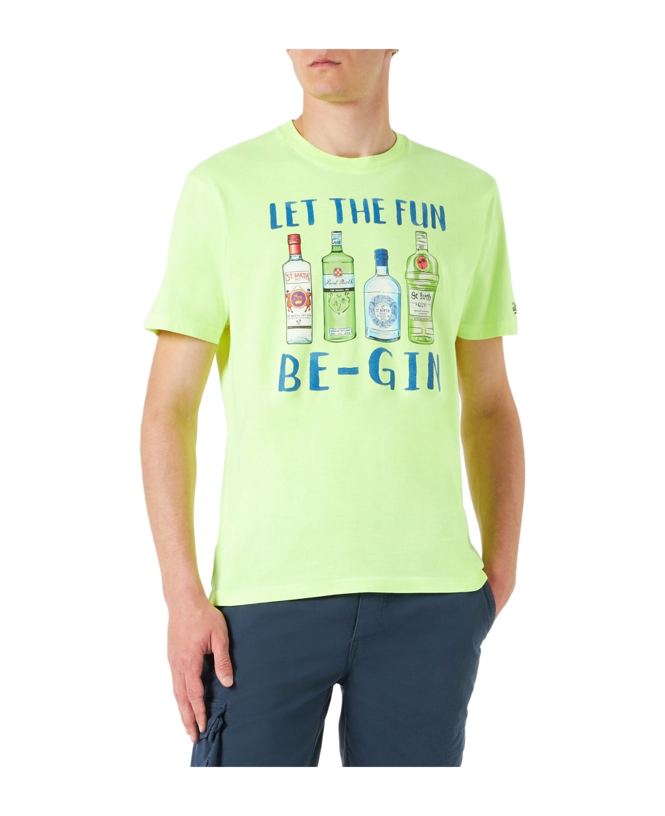 MC2 Saint Barth Man Cotton T-shirt With Let The Fun Be-gin Print - FLUO