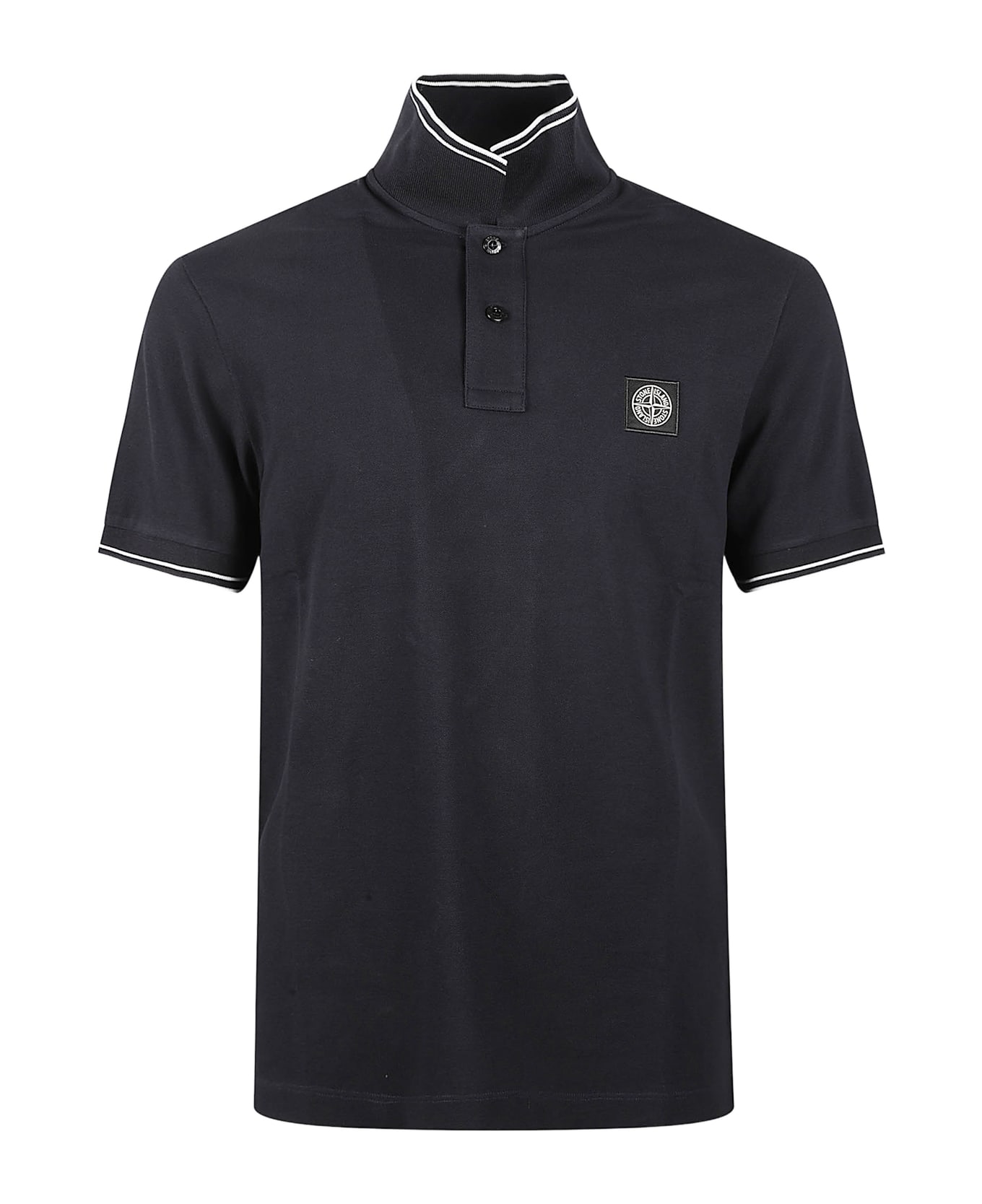 Stone Island Logo Patched Stripe Trimmed Polo Shirt - Navy Blue