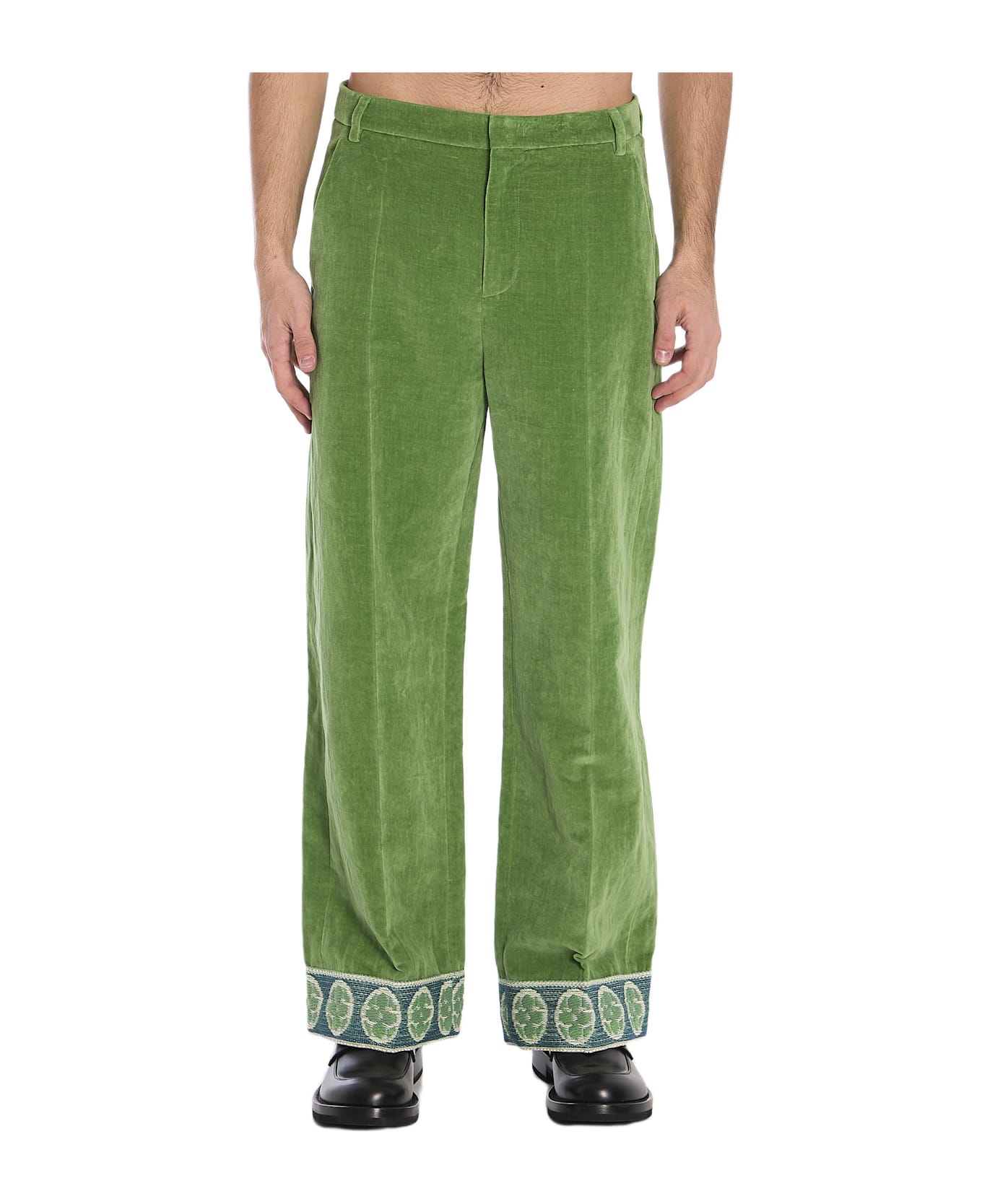 Valentino Garavani Velvet Trousers With Jacquard Hems - Green