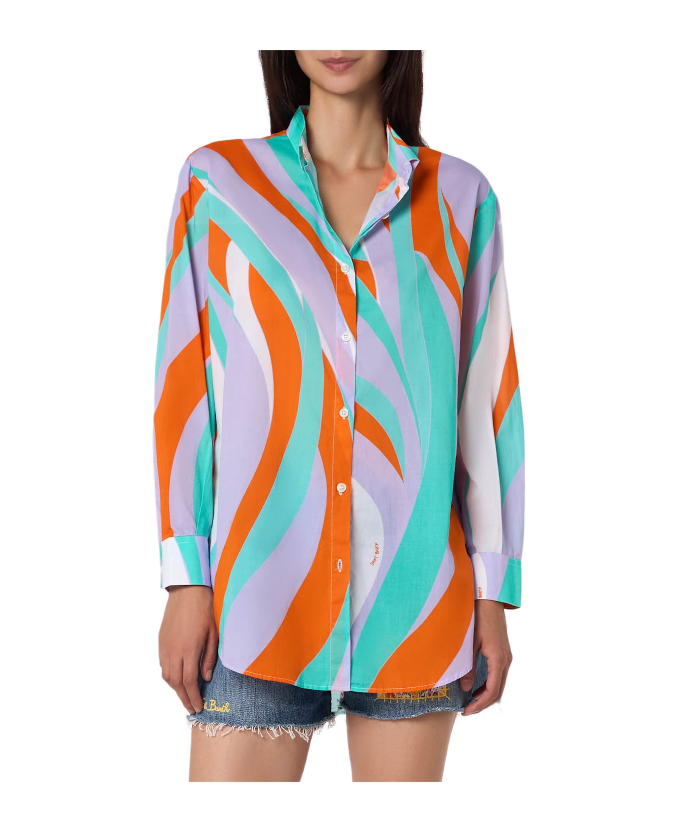 MC2 Saint Barth Woman Cotton Shirt Brigitte With Shape Wave Print - GREEN