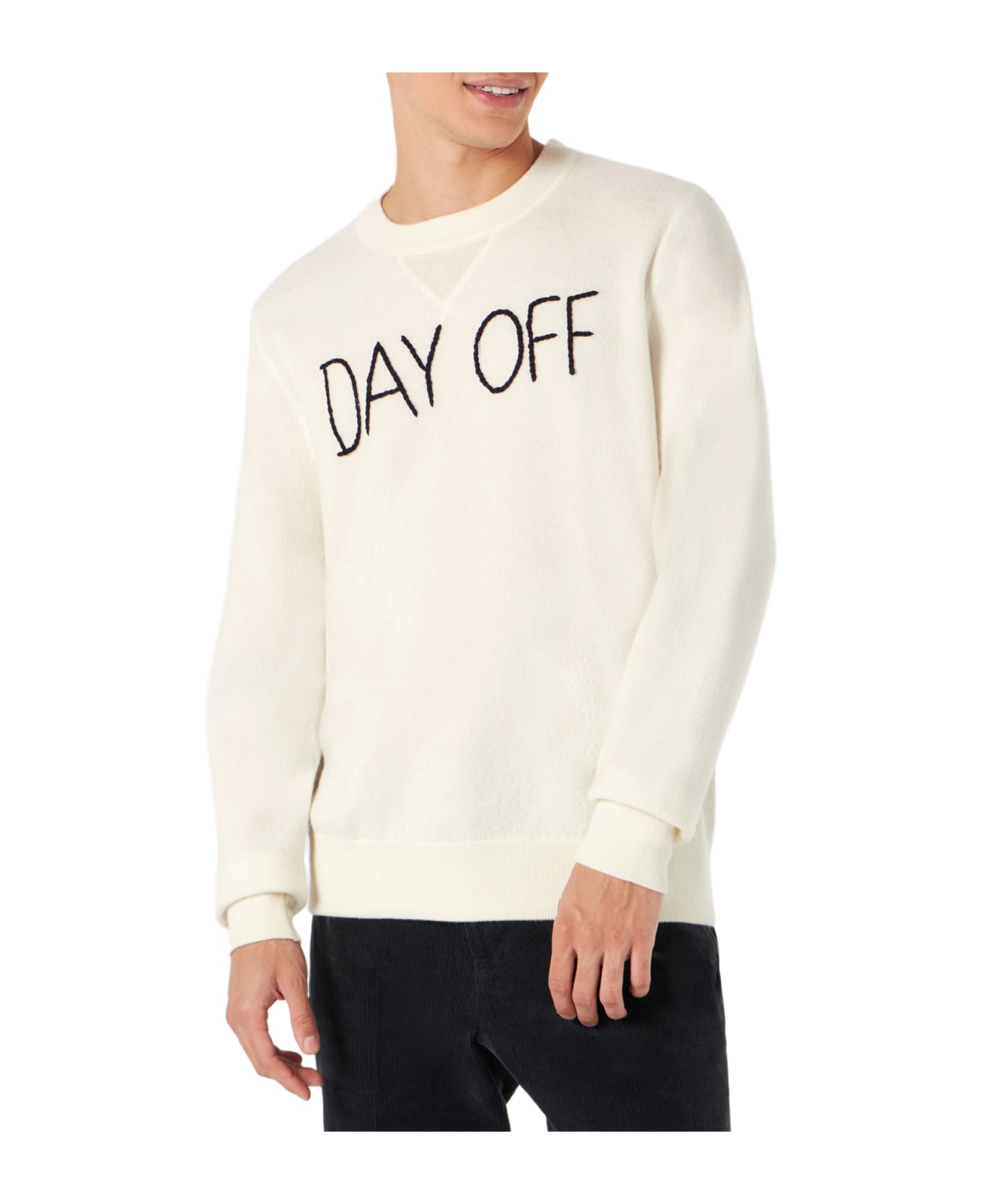 MC2 Saint Barth Man Crewneck Knitted Sweater With Day Off Embroidery - WHITE フリース