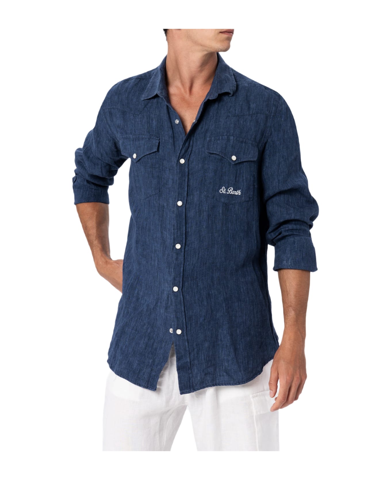 MC2 Saint Barth Man Linen Denim Delave Shirt Greg - BLUE