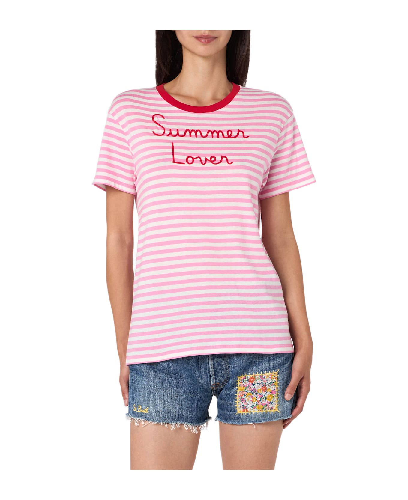 MC2 Saint Barth Woman Striped Cotton Jersey Crewneck T-shirt Emiilie With Summer Lover Embroidery - PINK