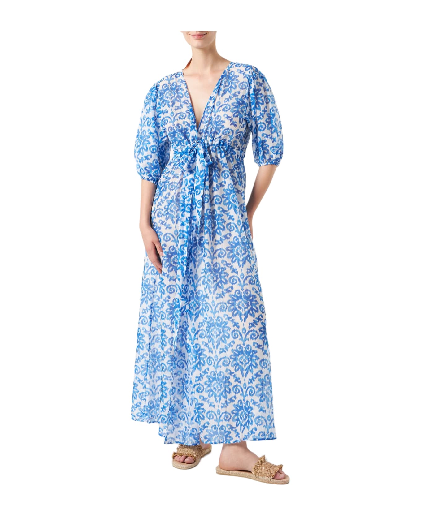 MC2 Saint Barth Cotton And Silk Long Beach Dress Bliss With Ikat Print - BLUE