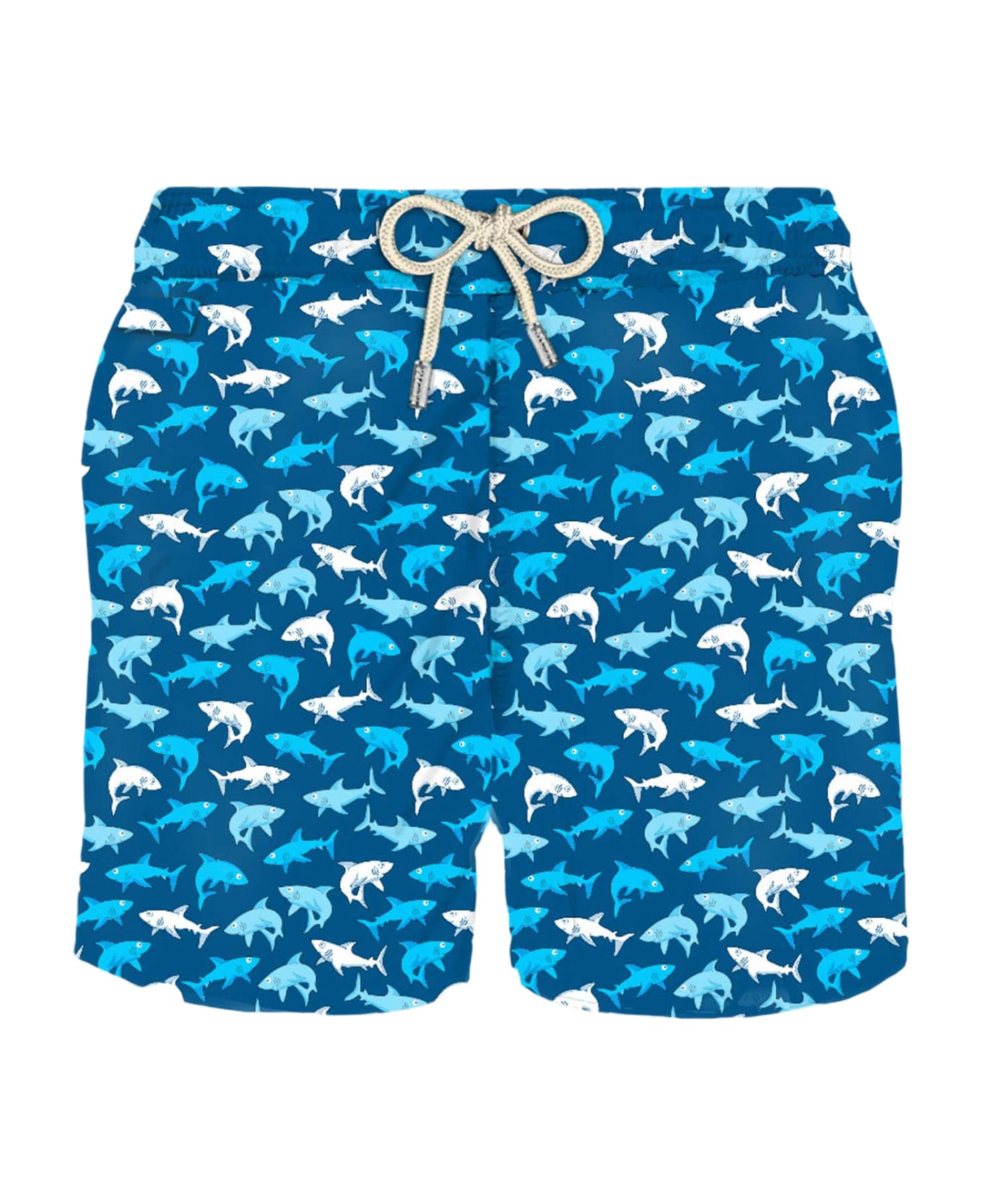 MC2 Saint Barth Man Light Fabric Swim Shorts With Multicolor Sharks Print - BLUE