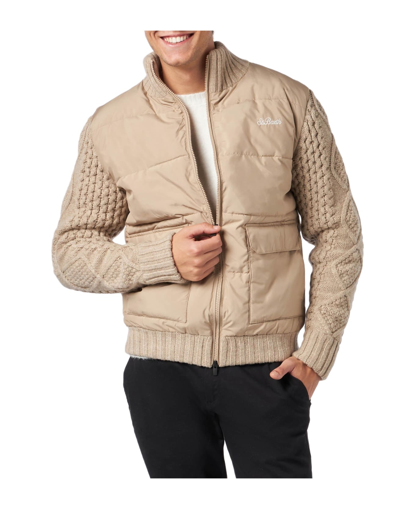 MC2 Saint Barth Man Beige Padded Jacket With Knitted Braided Sleeves - WHITE