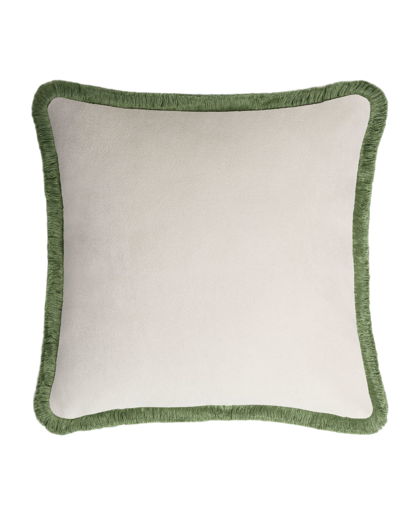 Lo Decor Happy Pillow Dirty White Velvet  Olive Green Fringes - dirty white / olive green クッション
