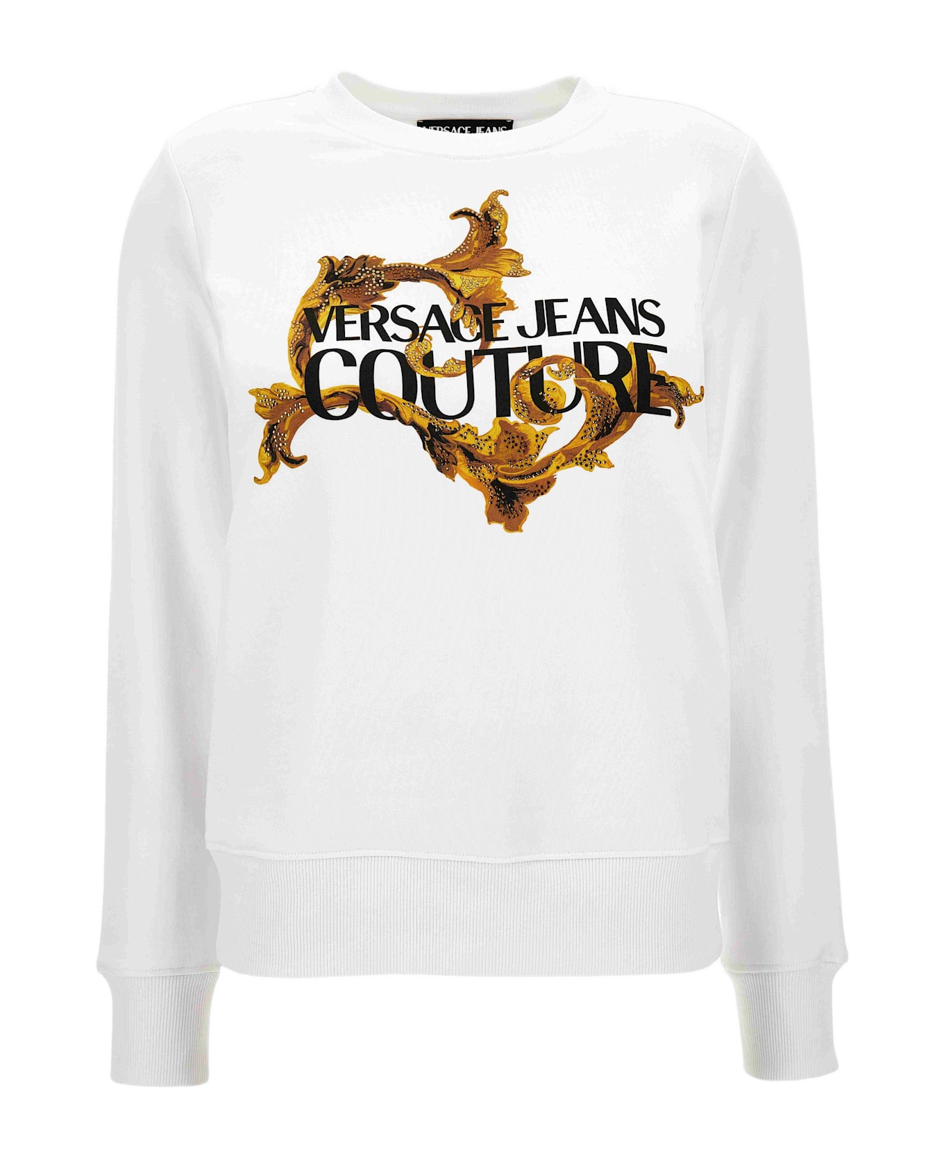 Versace Jeans Couture White Cotton Crewneck Sweatshirt With Gold Logo - White