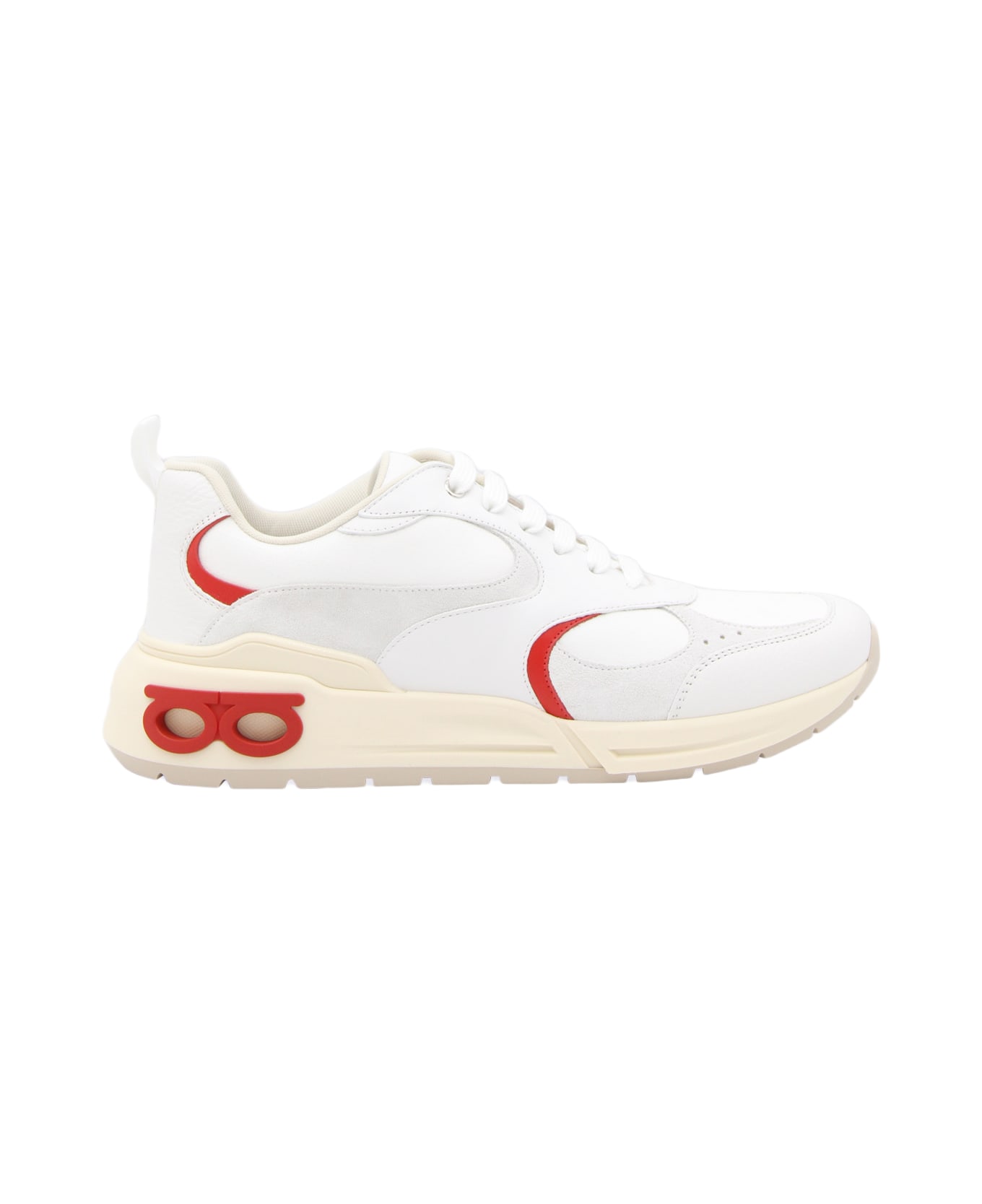 Ferragamo White And Red Leather Sneakers - White