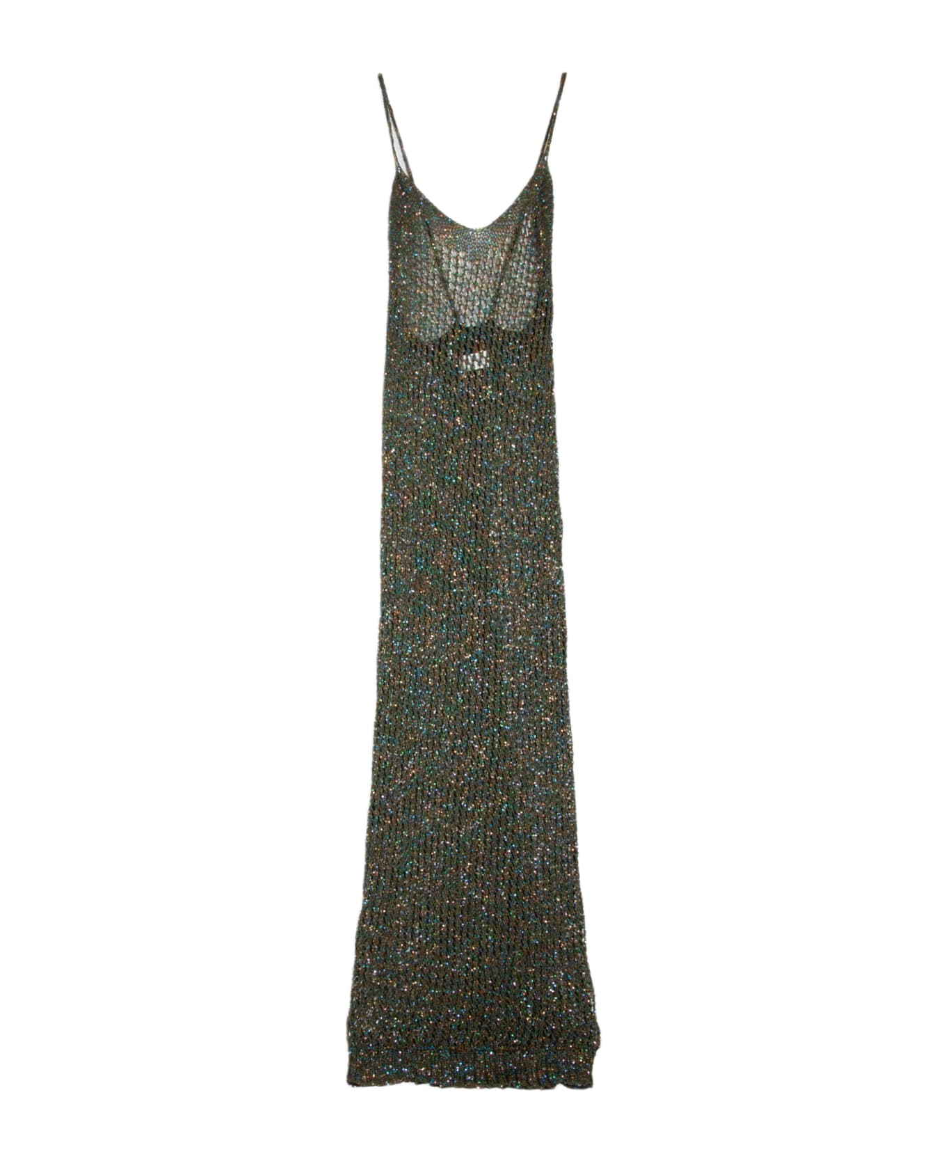 Laneus Pailletes Dress Woman Military green net knitted long dress with sequins - Verde militare
