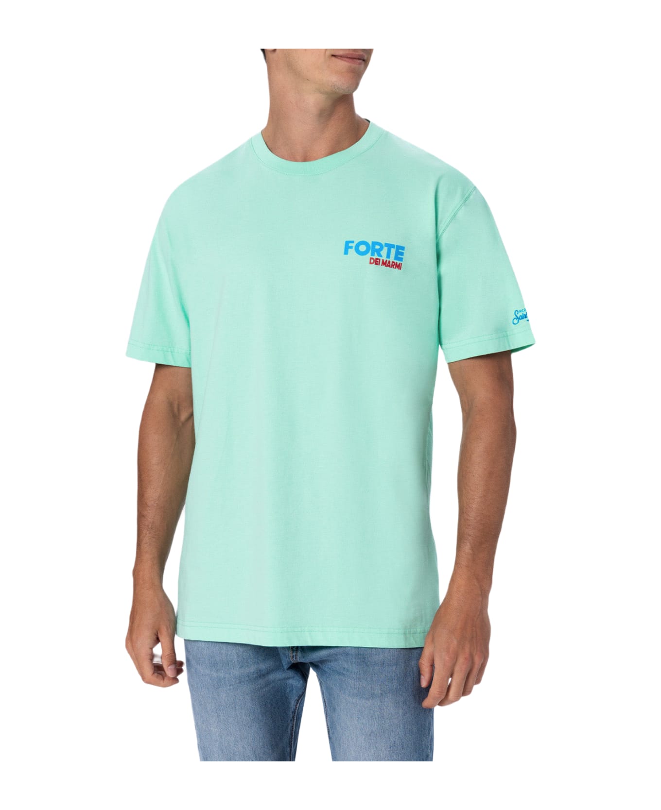 MC2 Saint Barth Man Cotton T-shirt With Forte Dei Marmi Postcard Placed Print - GREEN