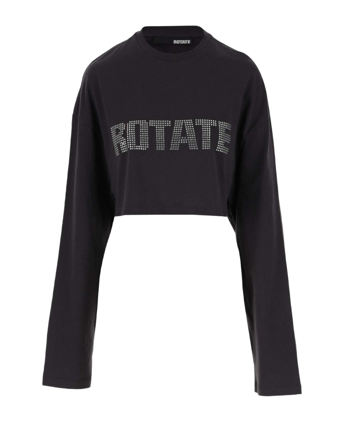 Rotate by Birger Christensen Long Sleeve Cotton Crop T-shirt With Logo And Rhinestones - GRIGIO