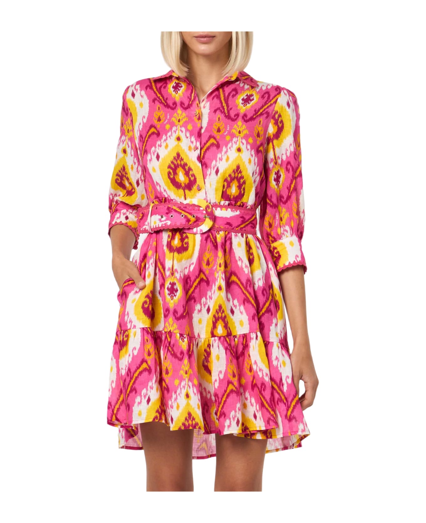 MC2 Saint Barth Woman Linen Short Dress Daisi With Ikat Print - PINK