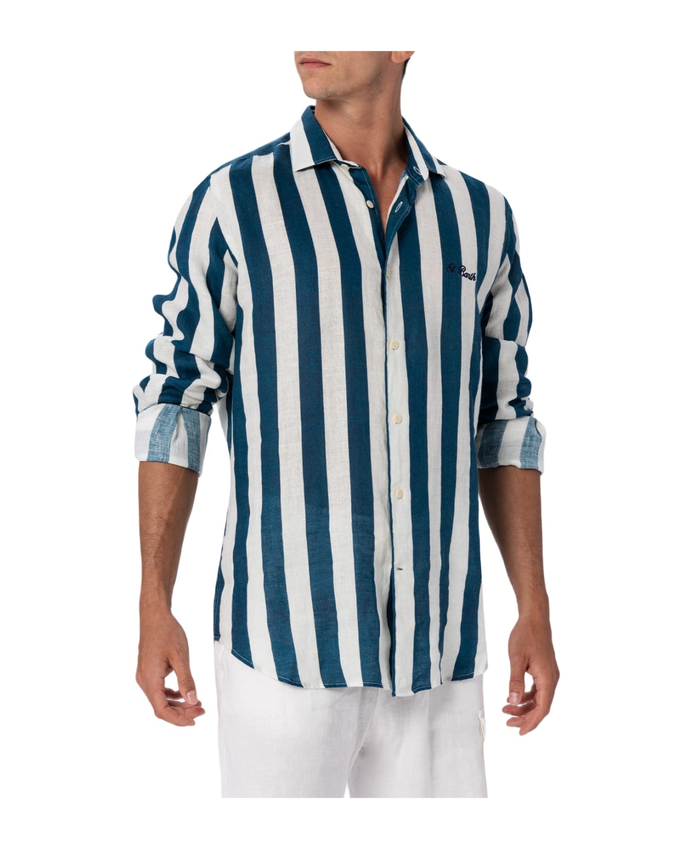 MC2 Saint Barth Man Navy Blue Striped Linen Shirt Pamplona - BLUE
