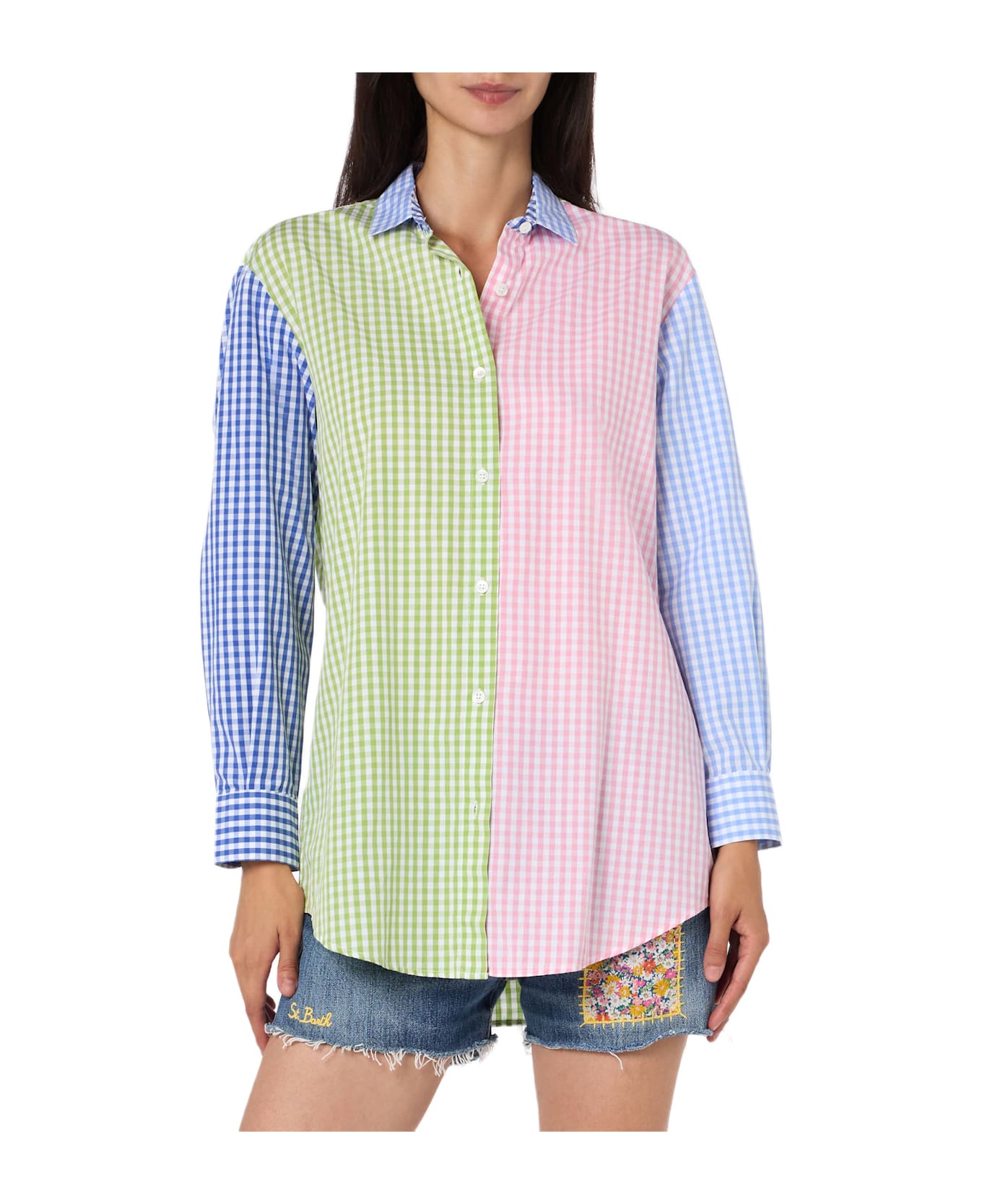 MC2 Saint Barth Woman Cotton Shirt Brigitte With Multicolor Vichy Print And Saint Barth Embroidery - PINK