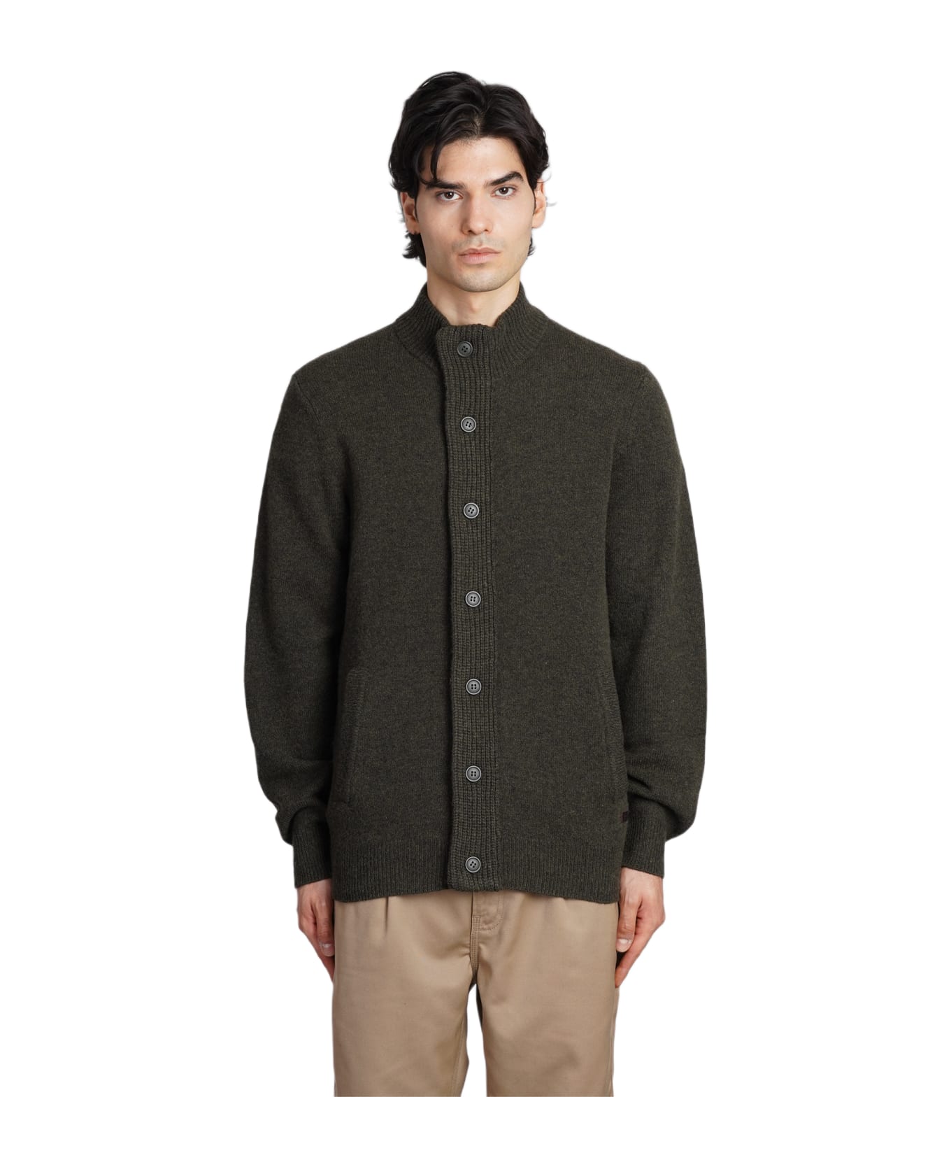 Barbour Patch Zip Card Cardigan In Green Wool - Seaweed