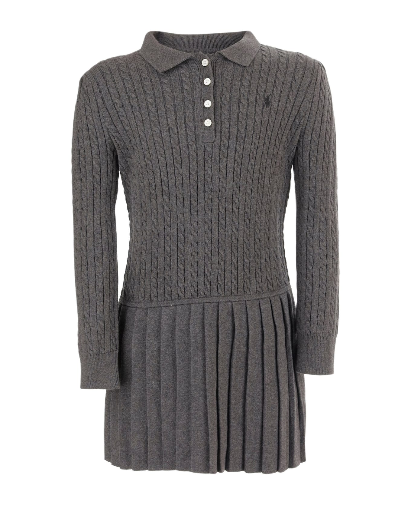 Polo Ralph Lauren Cotton Dress With Braided Detail And Pleated Skirt - Grey