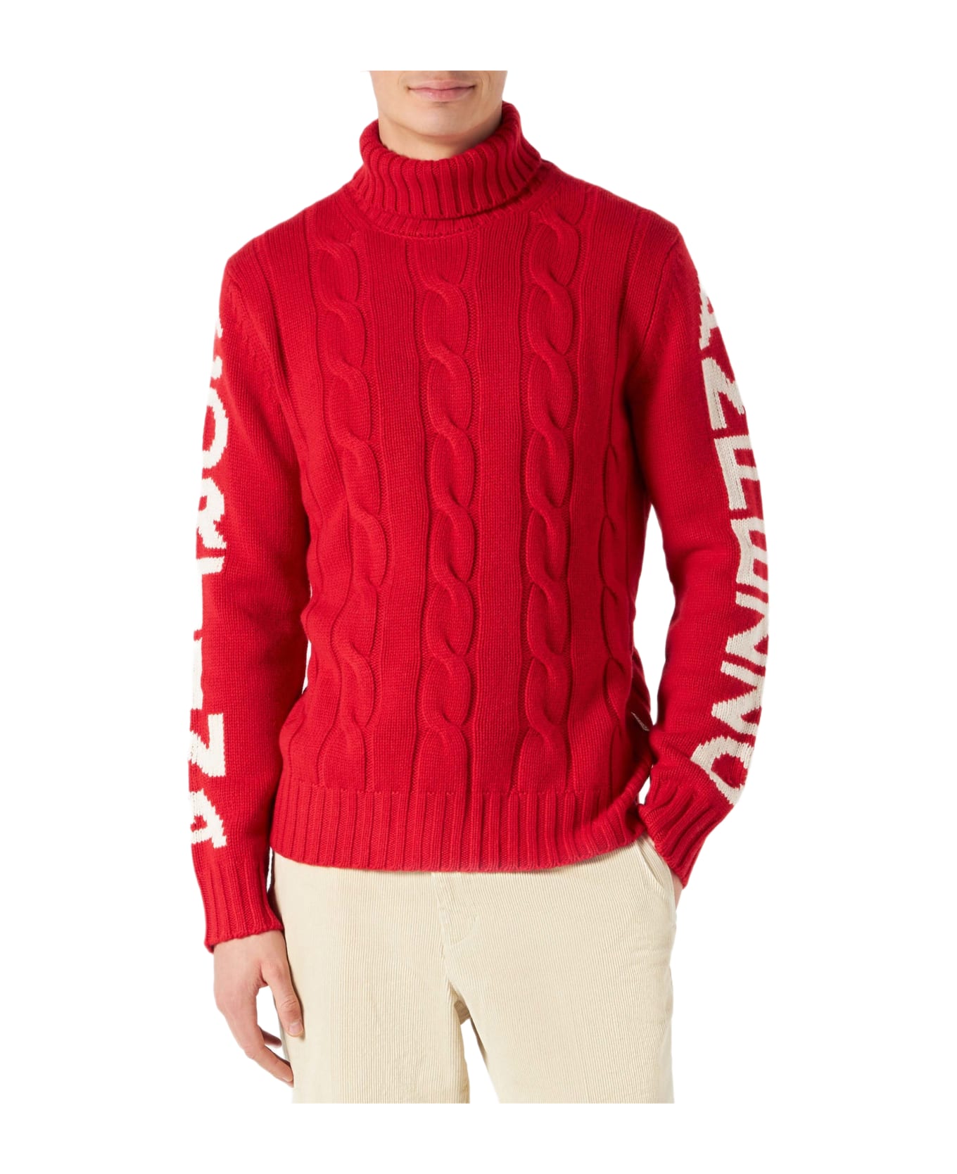 MC2 Saint Barth Man Turtleneck Braided Sweater With Cortina Ampezzo Print - RED