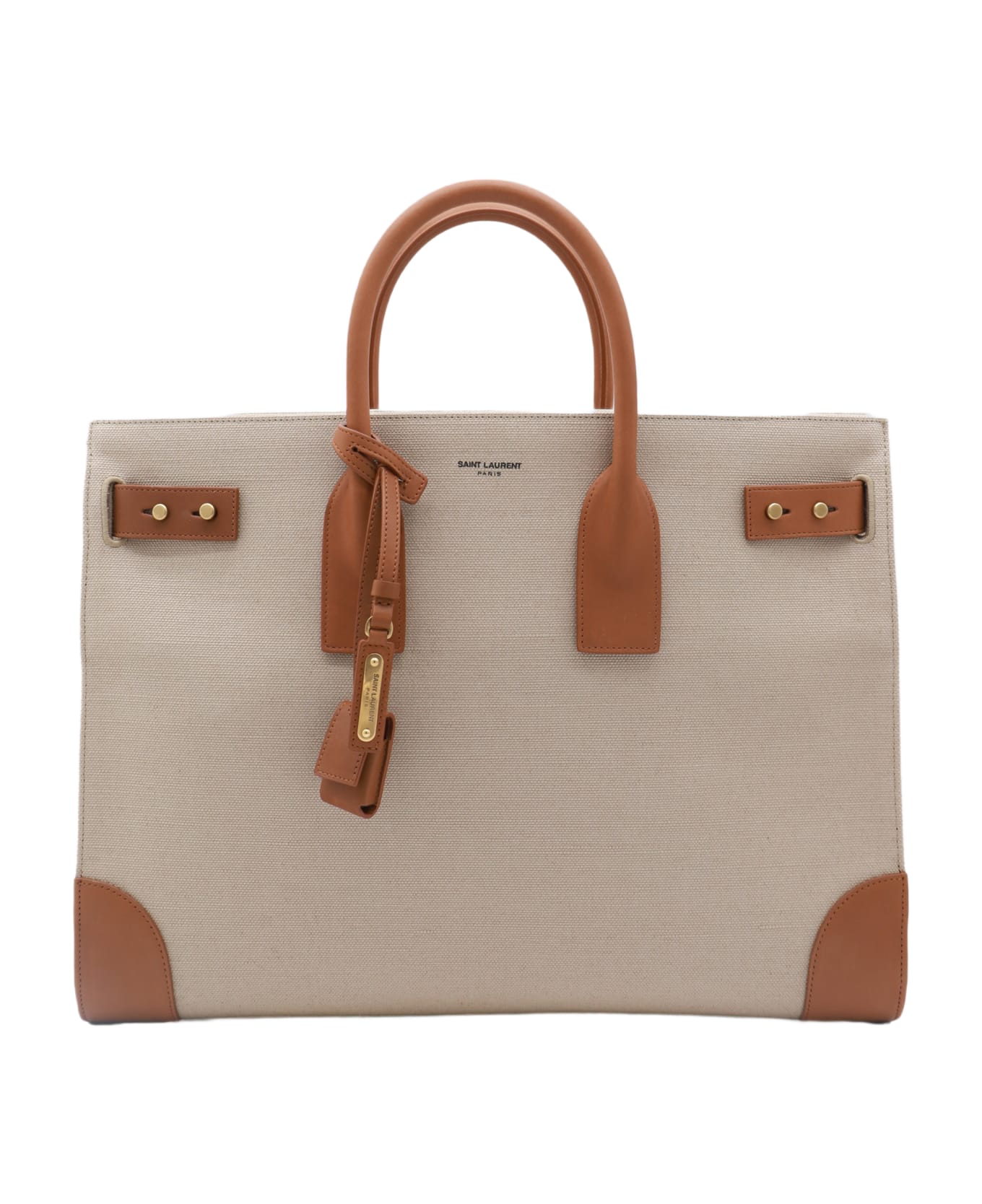 Saint Laurent Beige Canvas Sac De Jour Top Handel Bag - DESERT DUST/BRICK