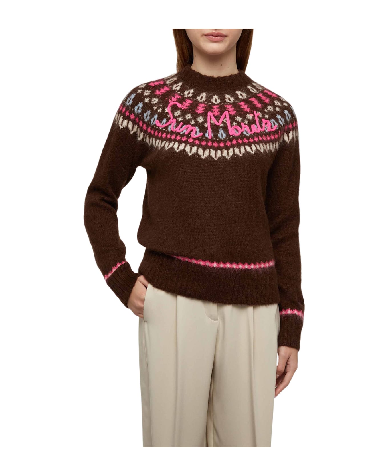 MC2 Saint Barth Brown Sweater Queen Nordic Soft With Fair Isle Jacquard And Sun Moritz Embroidery - BROWN