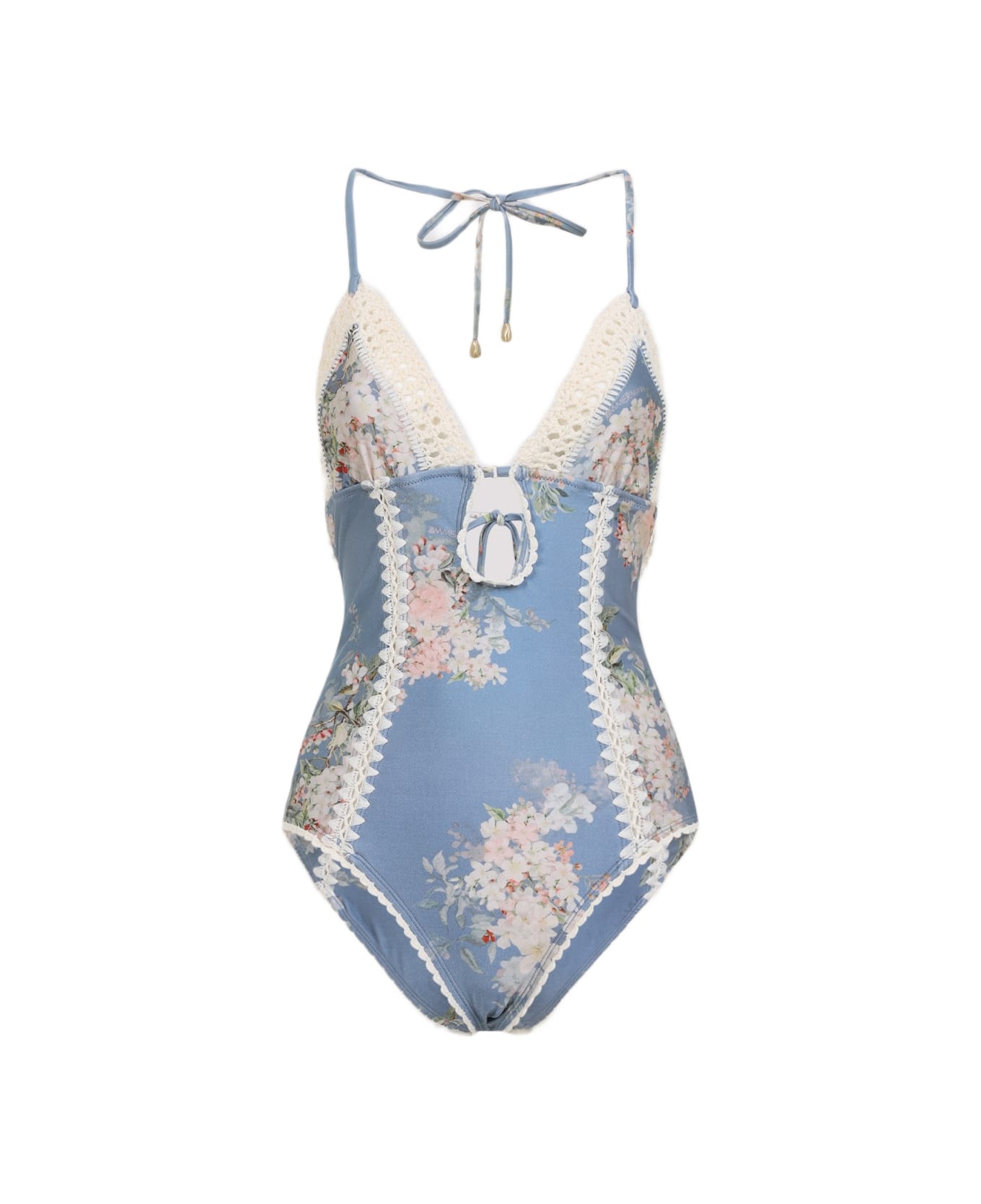 Zimmermann Cascadian Keyhole Crochet One-piece - Teal Blue Botanical Floral