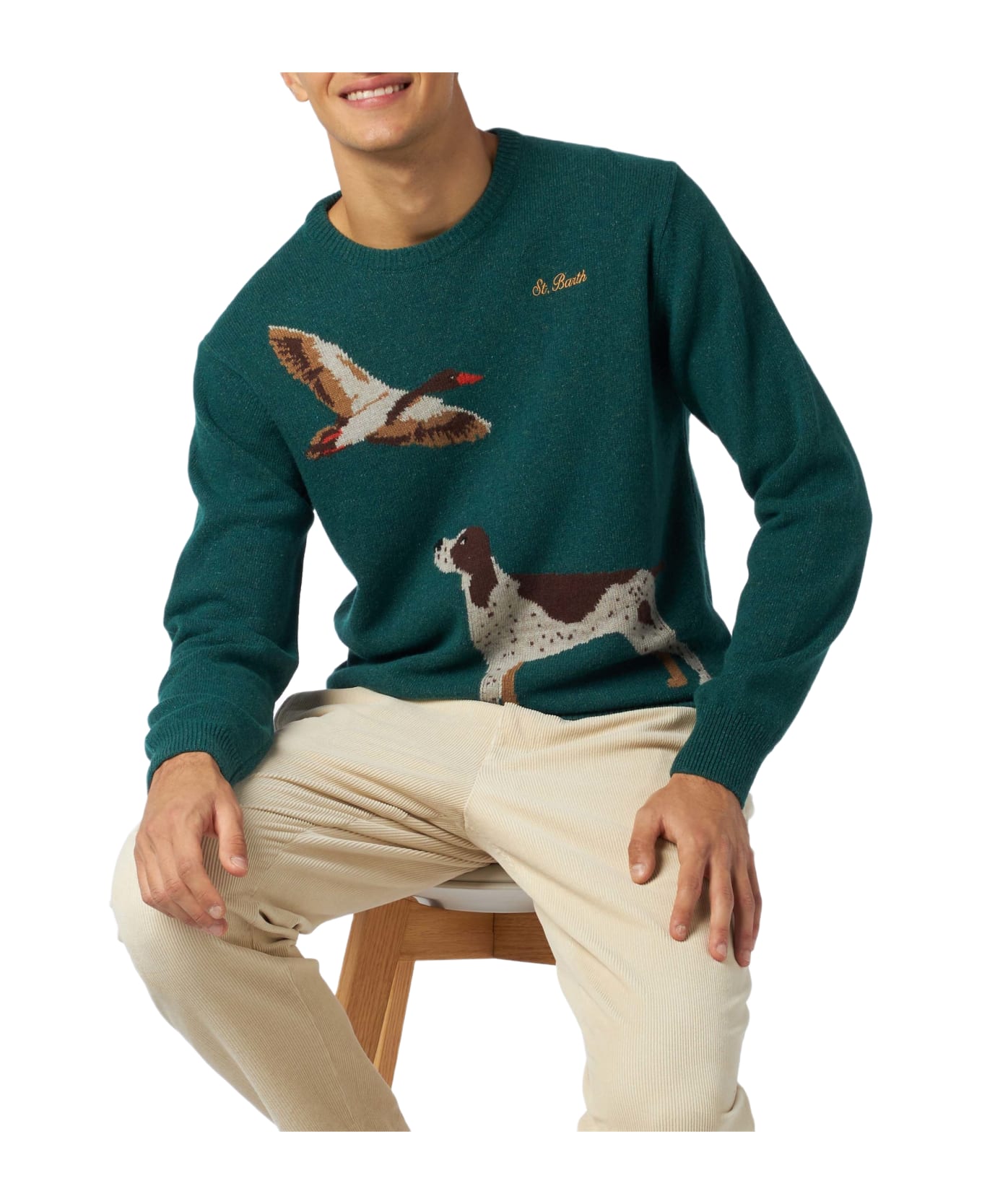 MC2 Saint Barth Man Crewneck Donegal Sweater With Country Dog Jacquard - GREEN