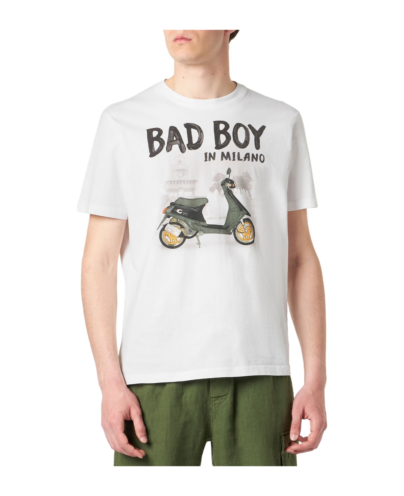MC2 Saint Barth Man Cotton T-shirt With Bad Boy In Milano Print - WHITE
