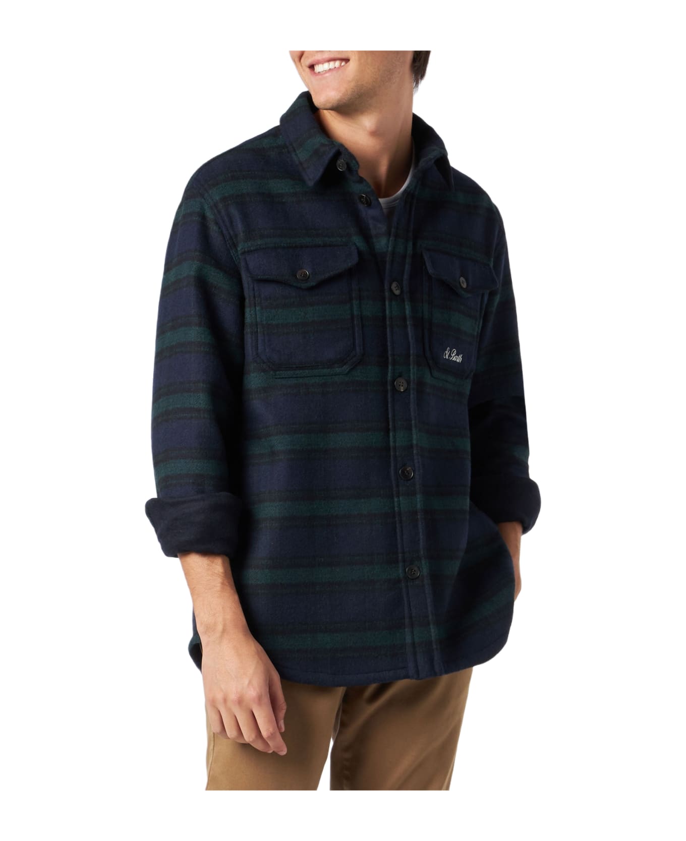 MC2 Saint Barth Man Wooly Tartan Overshirt With Pockets And Patches - BLUE