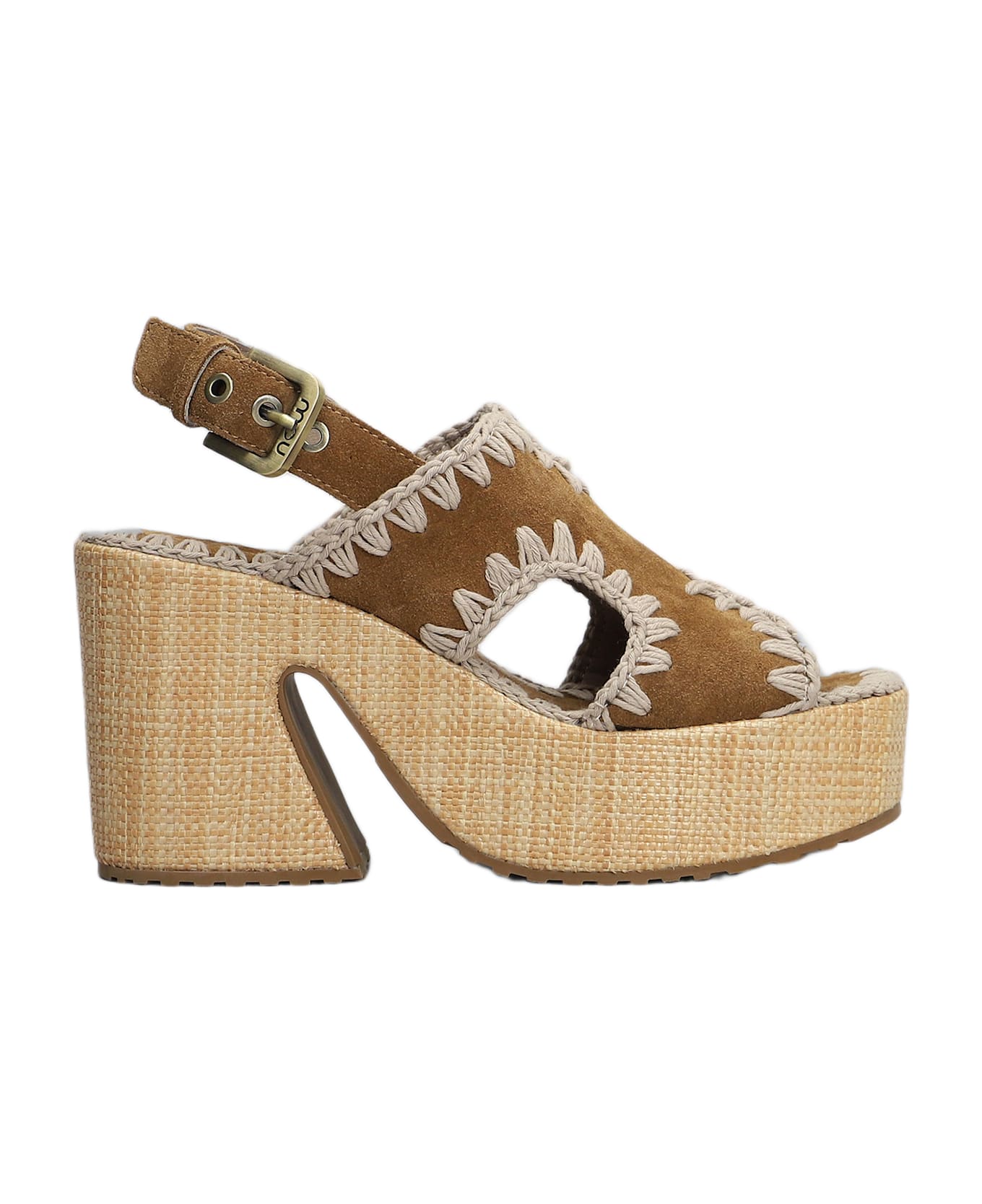 Mou Raffia Platform Sandals In Leather Color Suede - Cognac