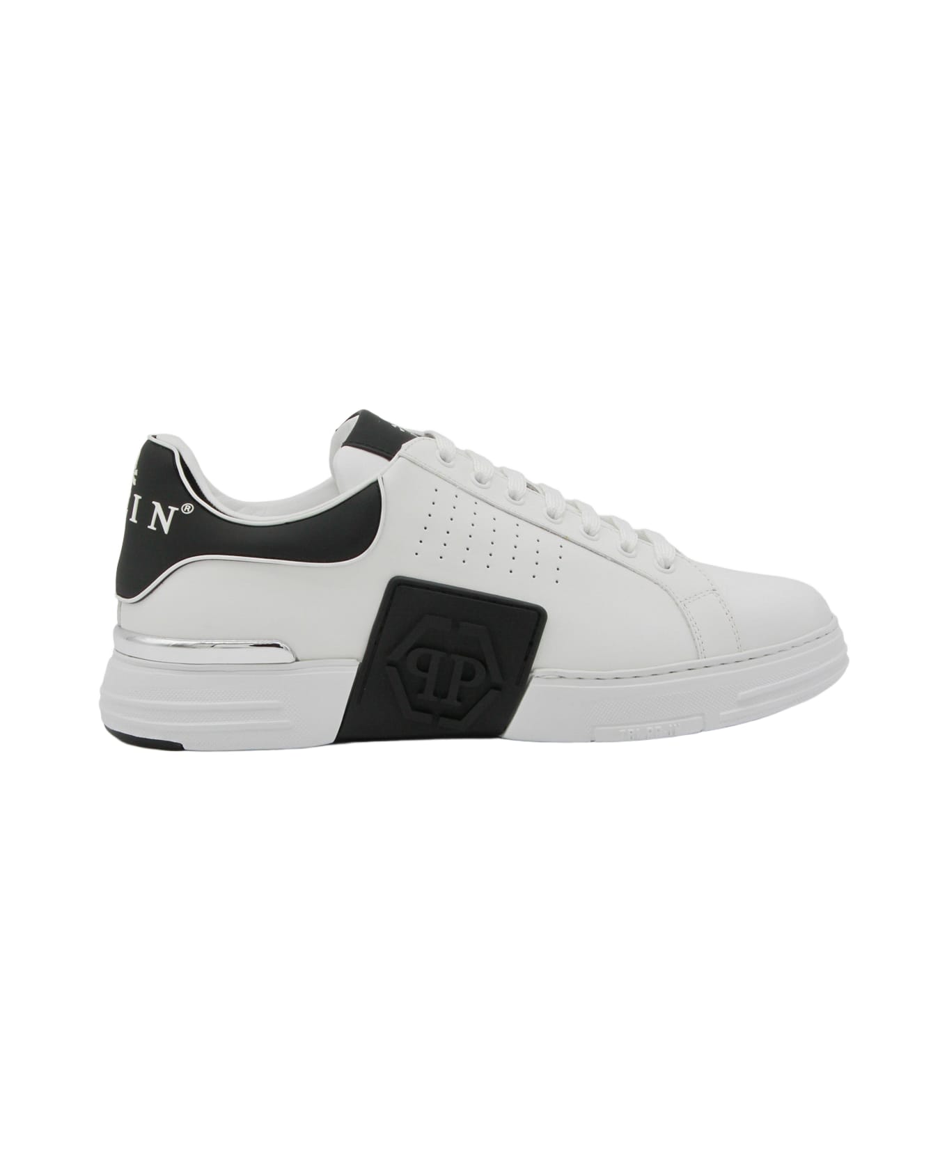 Philipp Plein White And Black Leather Hexagone Sneakers - White
