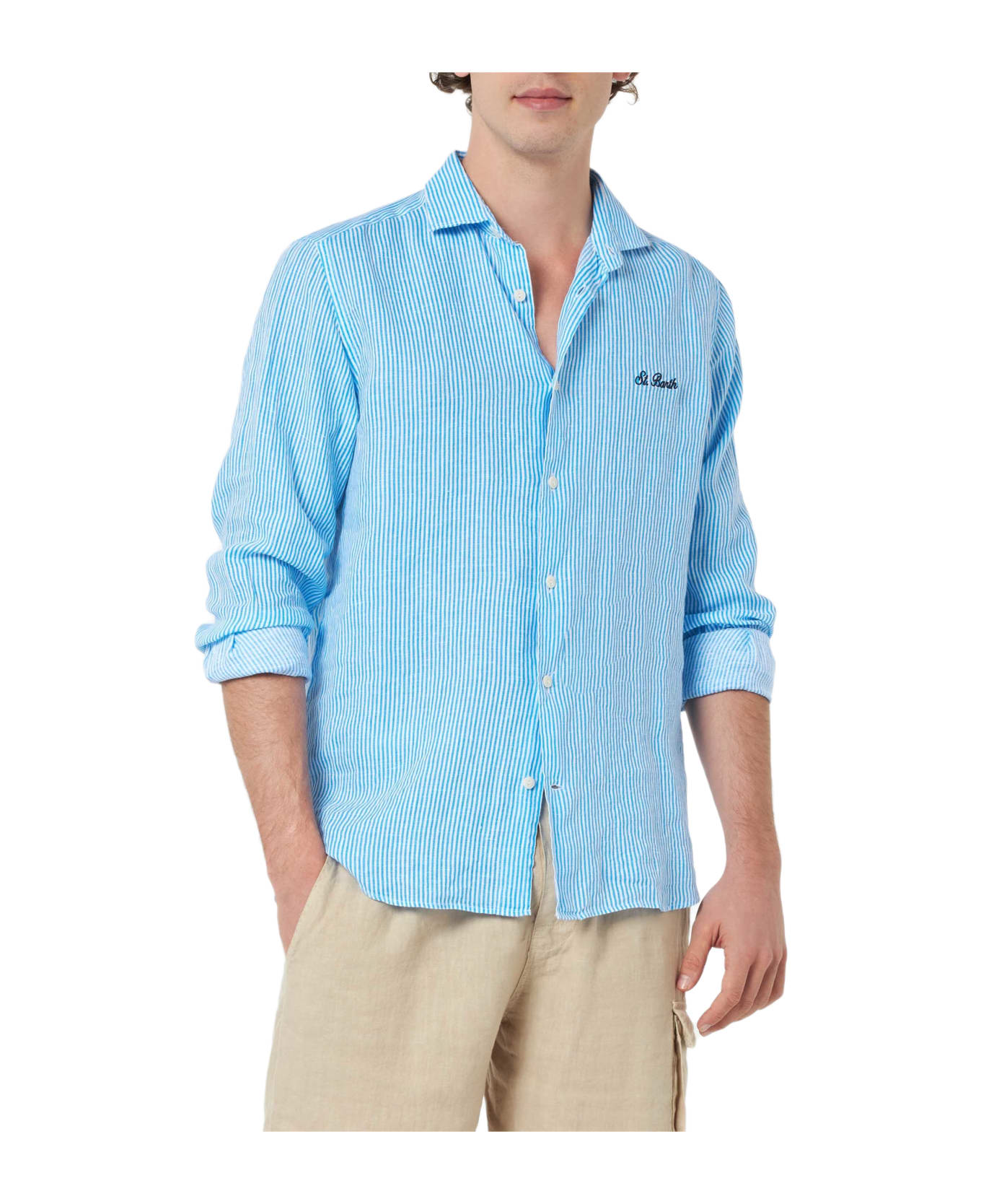 MC2 Saint Barth Man Turquoise Striped Linen Shirt Pamplona - SKY