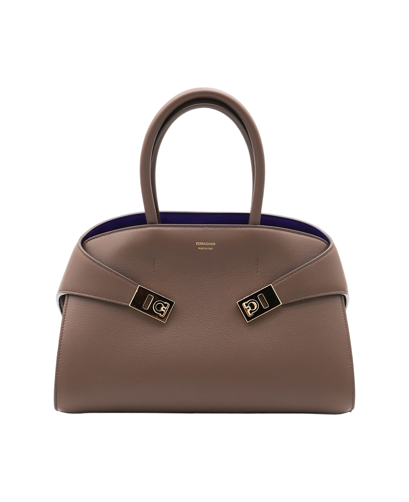 Ferragamo Brown Leather Hug Top Handle Bag - CLAY/LAPIS