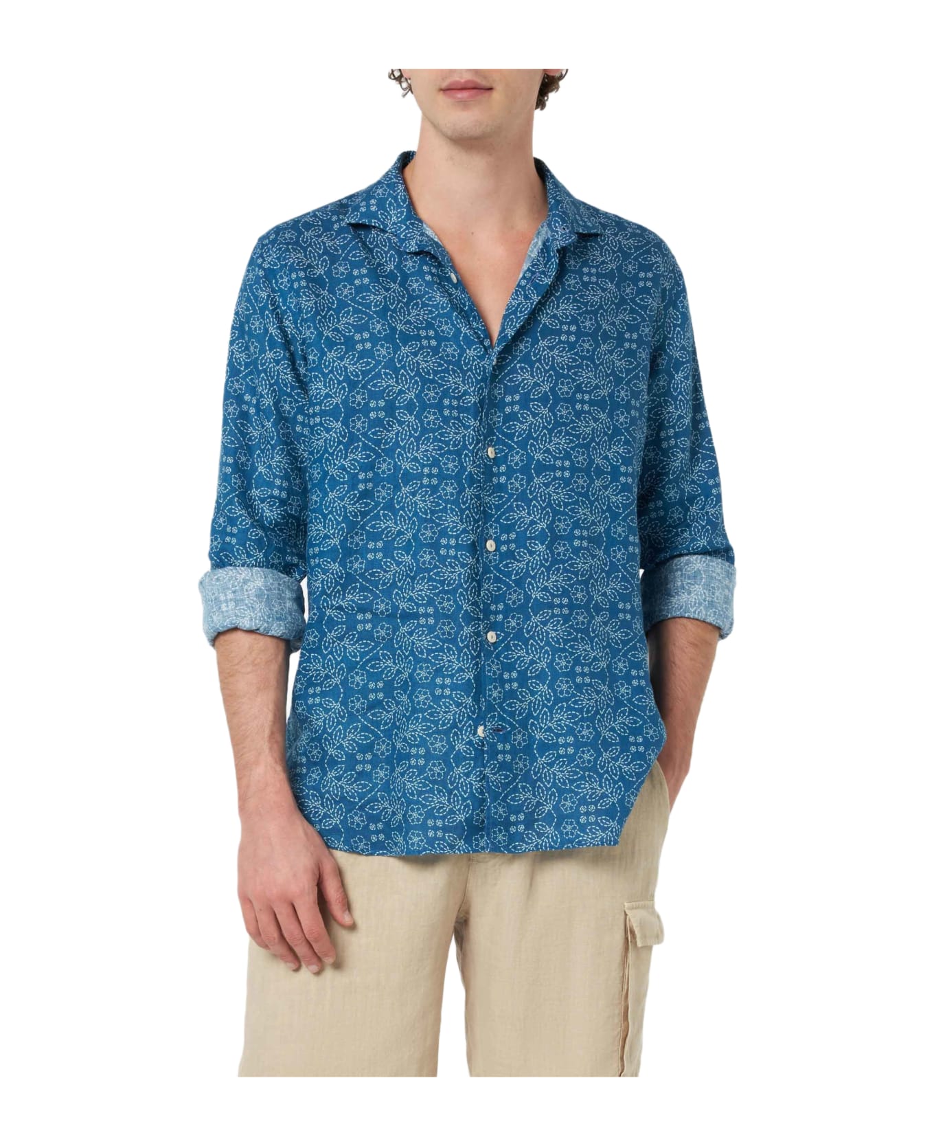 MC2 Saint Barth Navy Blue Linen Shirt Pamplona With Sashiko Print - BLUE