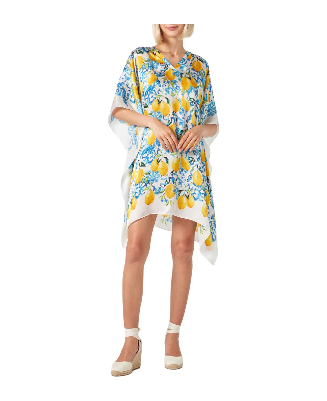 MC2 Saint Barth Lemons And Maiolica Print Silk Caftan - WHITE