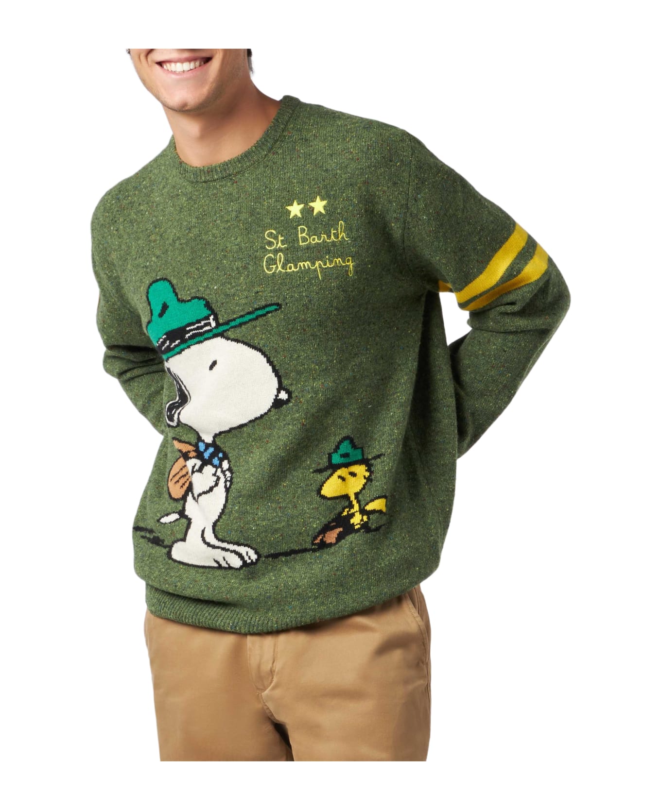 MC2 Saint Barth Man Crewneck Donegal Sweater With Snoopy Jacquard | Snoopy - ©peanuts Special Edition - GREEN