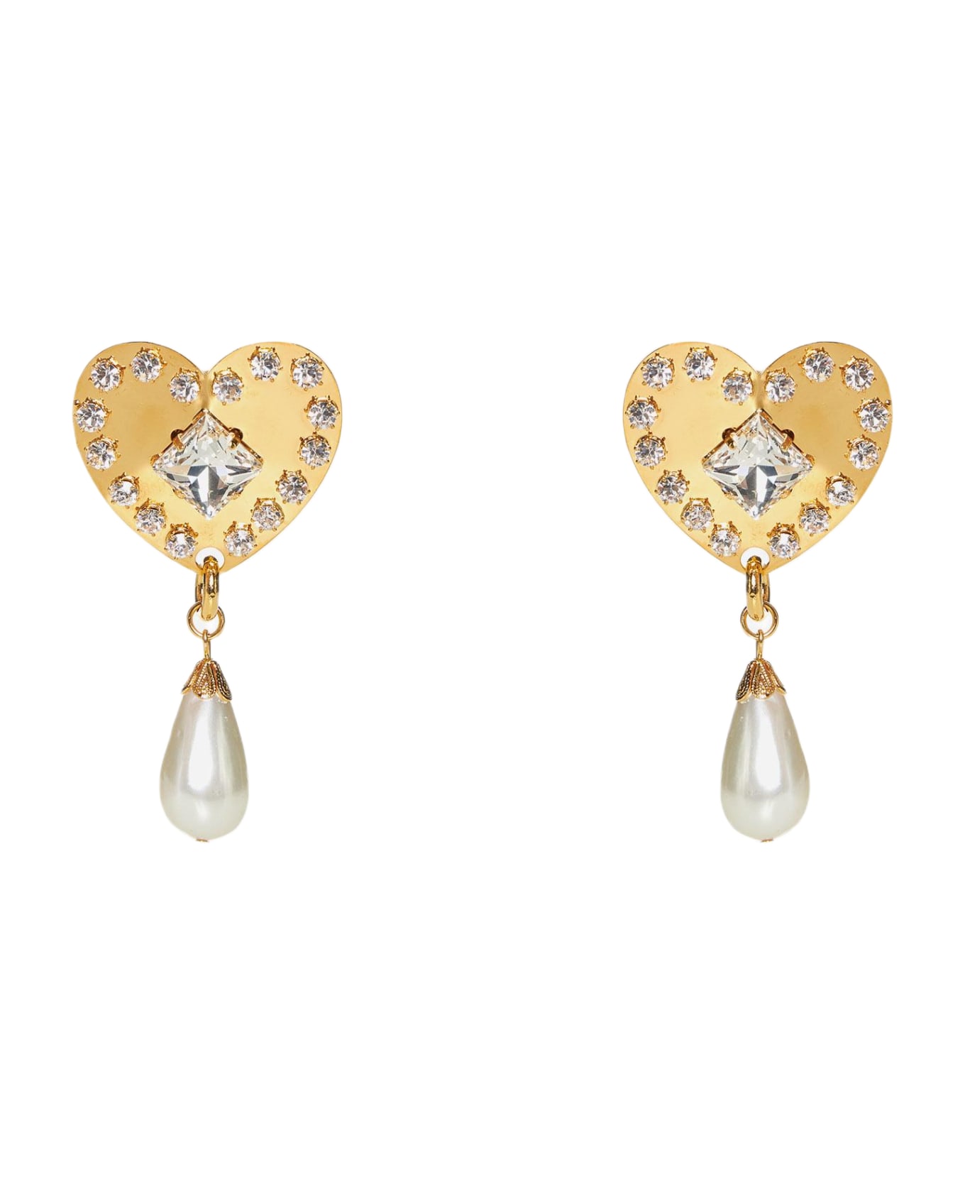 Alessandra Rich Heart Crystals And Pearl Earrings - GOLD/WHITE
