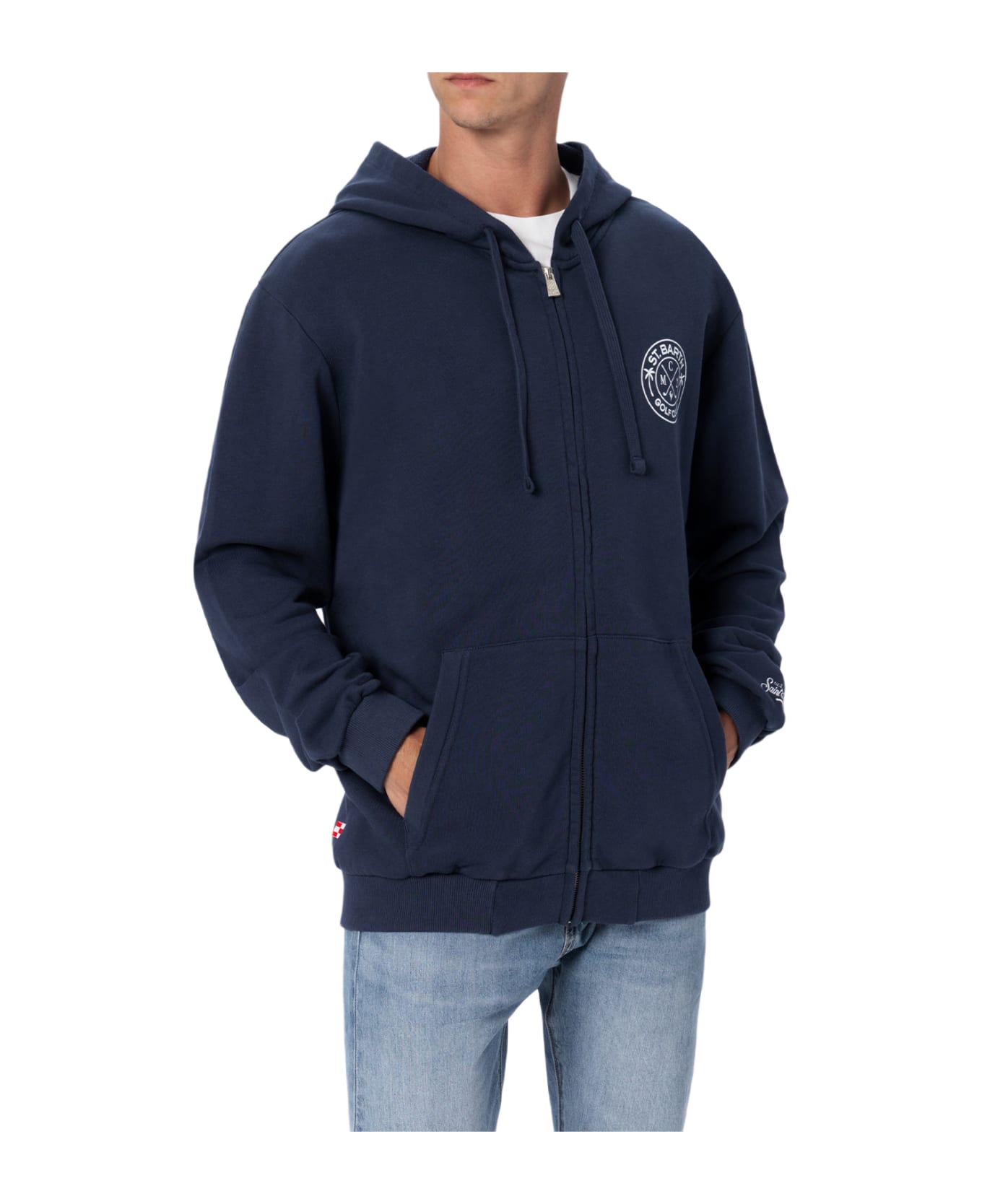 MC2 Saint Barth Man Zipped Cotton Fleece Hoodie Danny With Front And Back Print - BLUE